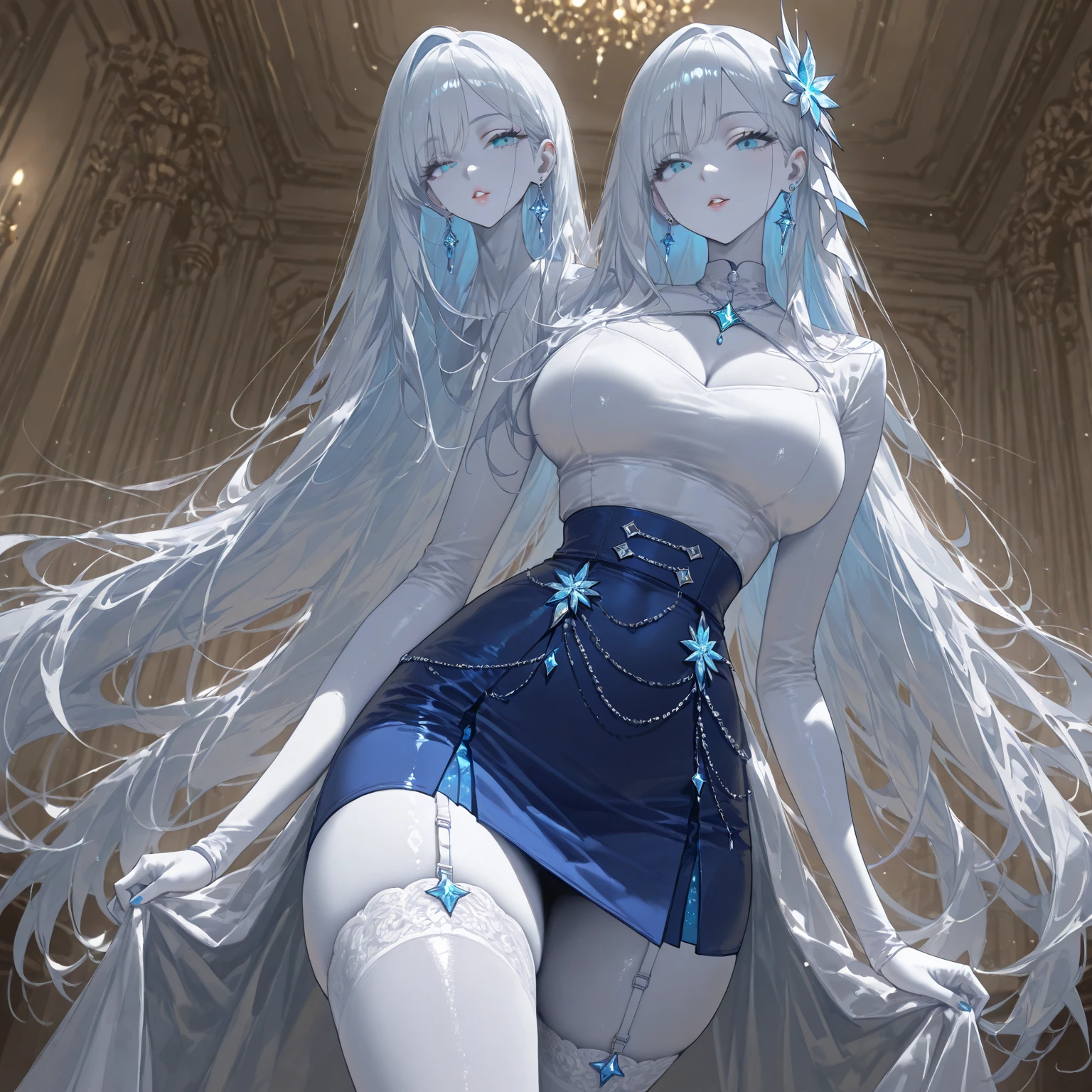 ((Masterpiece, Highest quality, Accurate, UHD)), 
((character design sheet: 1.2), (Line Art), (Detailed character sheet), (anime studio style)),
((Simple background), (sketch art:1.2)),
((multiple view:1.2), (full body:1.2), (detailed face), (3 different angles), (body parts), (full esbian body), (full of details), (multiple items), (multiple poses and expressions)),
((accurate anatomy, best anatomy hands, accurate eye, best anatomy eye)),             
(do not go beyond the edges of the image:1.65), (rating:safe), 
1 girl, medieval character,
  An Ice mage, she has long silver hair, Blue eyes,  She wore a Blue, white and Silver mage outfit, There's ice crystals alound her body. ((Blue and White stockings, Silver Snow pattern Decoration))