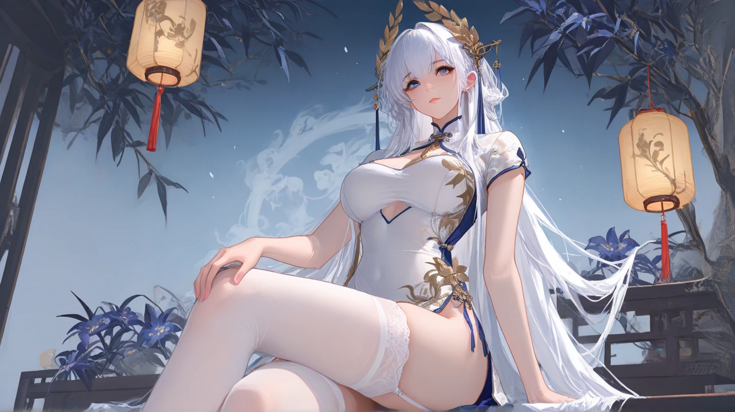 shenhe_\(genshin_impact\), hiten kei style, claude monet, oil painting, masterpiece, hyper realistic, realistic skin, best quality, 1girl, lakeside, huge breasts, huge nipples, erect nipples, looking at another, topless, full body, vector illustration, nipples, light smile, blunt bangs, long hair, stomach, navel, bare shoulders, white hair, braided, mountain peak, sarong, loincloth, black pantyhose, red tassel, sitting on a bench, reading a book, inside a pavilion, windy skiy, sky, open mouth, bored, cliffs, falling leaves, minerals, resting, wet body, enchanted light, glowing flowers, clouds