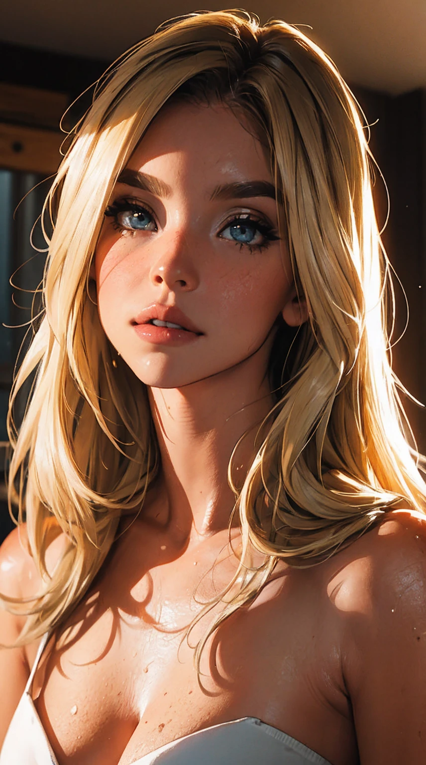 portrait of Olivia Dunne, epic ( hard light, sony a7, 50 mm, matte skin, pores, colors, hyperdetailed), smirk, sultry look, seductive, detailed modern day city in background, casual dress, low-cut neckline, bare shoulders