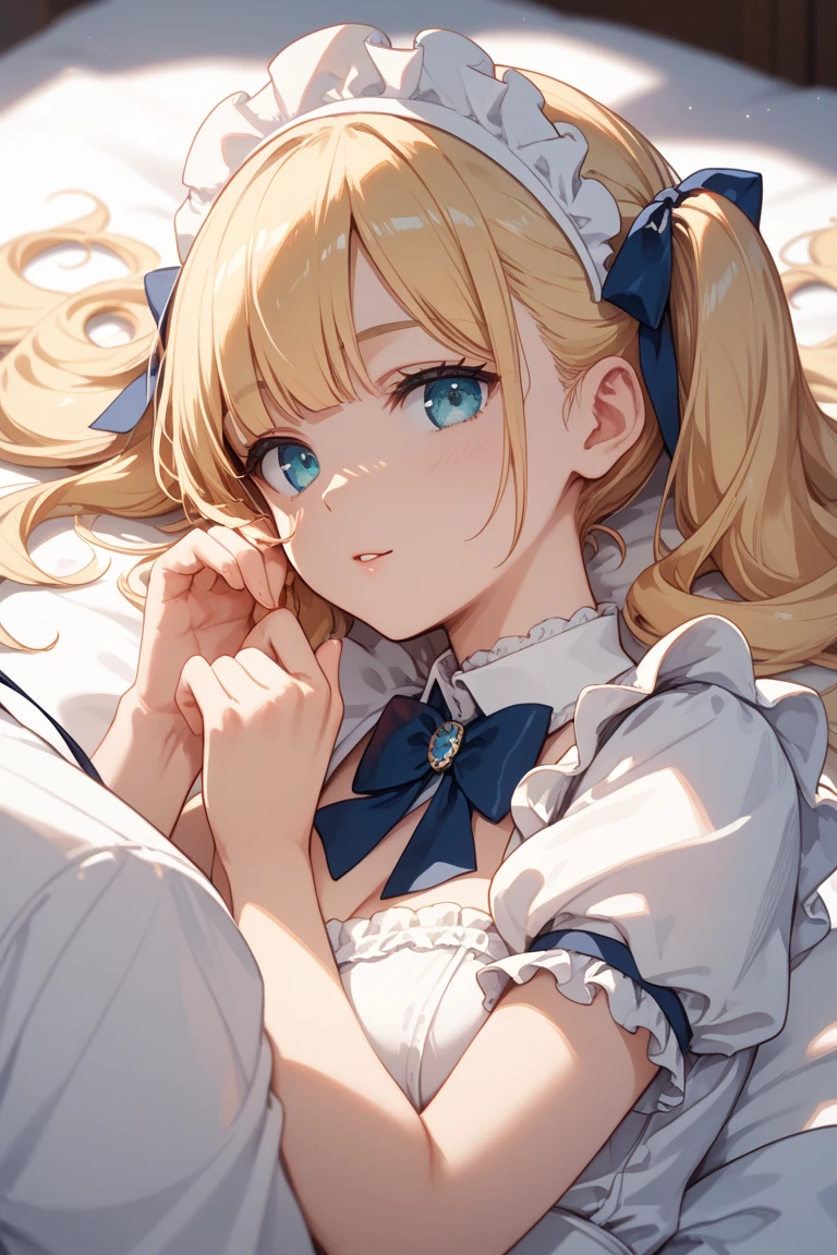 barbara_genshin, blonde_hair, blue_eyes, twintails, bangs, long_hair, drill_hair, twin_drills, hat, blush, white_headwear, hair_ornament, naughty pose, A young girl with small breasts in a white transparent nightgown sleeping on a bead, (slender body), bare chest, ((small breasts)), perky tits, a picture、realisticlying、top-quality、adopt、A detailed face, high details, 细致背景、diffuse sunlight、depth of fields、Bokeh、embarassed expression, smile, closed mouth, upper body portrait, see-through
