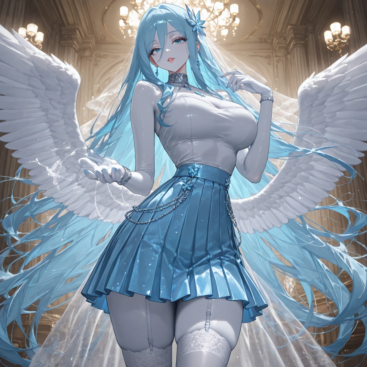 Fisheye Lens、Super huge breasts、Plump thighs、Highly detailed face, Perfect lighting, Highly detailed CG, 4K、8k、Embarrassed、Sad smile、(Perfect hands, Perfect ???????)、Ultra-realistic photo of a girl in a majestic white and golden ball gown dress, Big beautiful dress, Lots of frills and rhinestones、Intricately voluminous ball gown (Highest quality, Tabletop, ((Angel Wings:1.2))。 Art Station, Fantasy art:1.2), Palace Room, Beautiful cute girl, Rem from Re:Zero、(Blue Shorthair:1.3), One eye is hidden by his bangs、(Intricate short gold skirt, barefoot:1.2, Full Body Shot)、Very large breasts、White panties、(The detailed shape of a woman's pubic hair is clearly visible: 1.4)、Skirt rip、