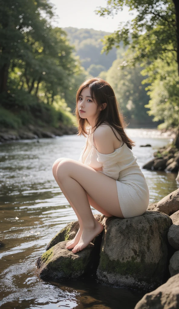 ((best quality)), ((masterpiece)), (detailed), perfect face, Anna Markova sitting on rock