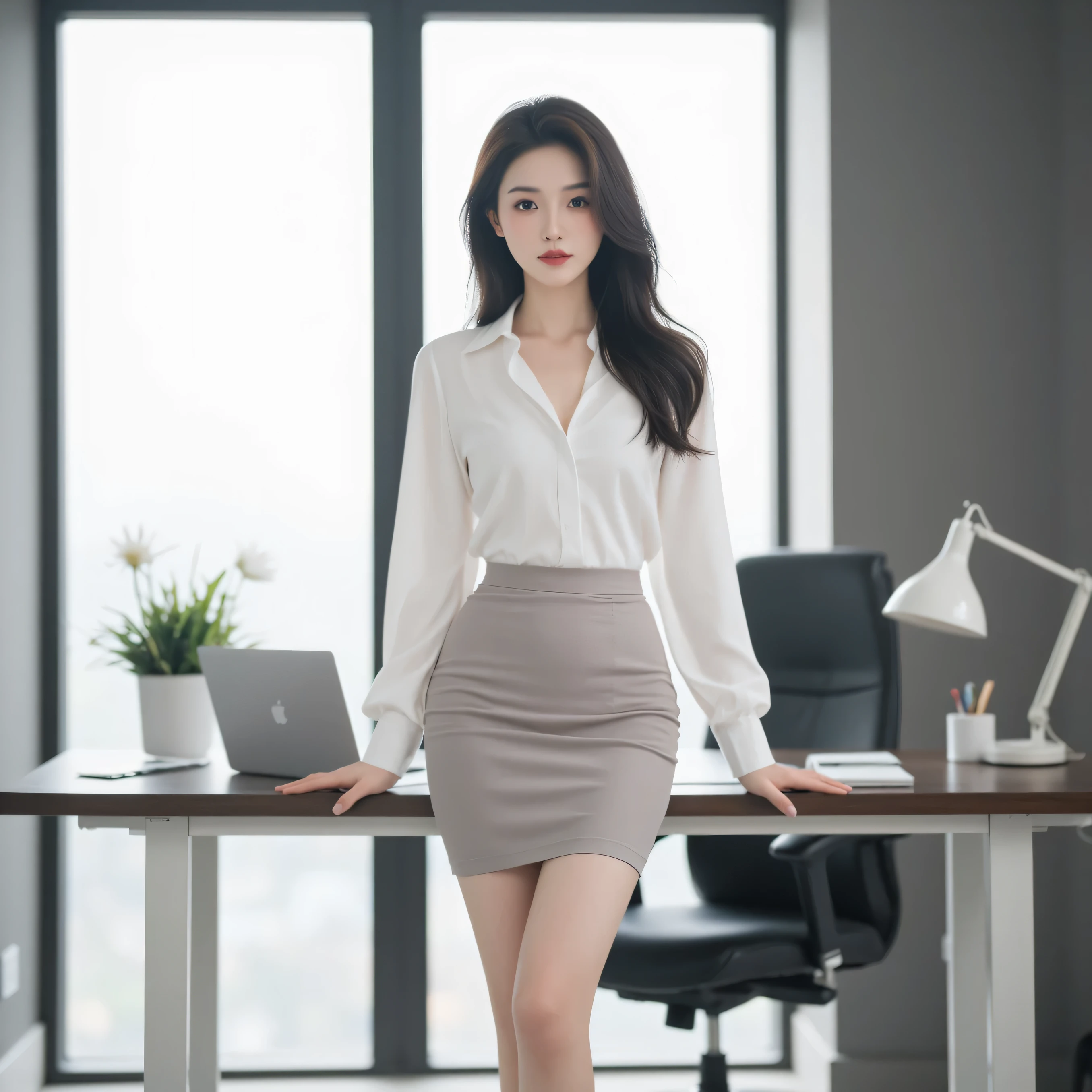 A stunningly beautiful Asian woman standing confidently in a modern office setting. She is wearing a sexy and elegant business outfit that highlights her curves — a fitted blouse slightly unbuttoned, a tight pencil skirt, and high heels. The lighting is soft and professional, with sunlight streaming in through large windows. Her pose is confident yet alluring, and the background includes a sleek desk, laptop, and minimalistic office décor. Photorealistic, high detail, cinematic style.