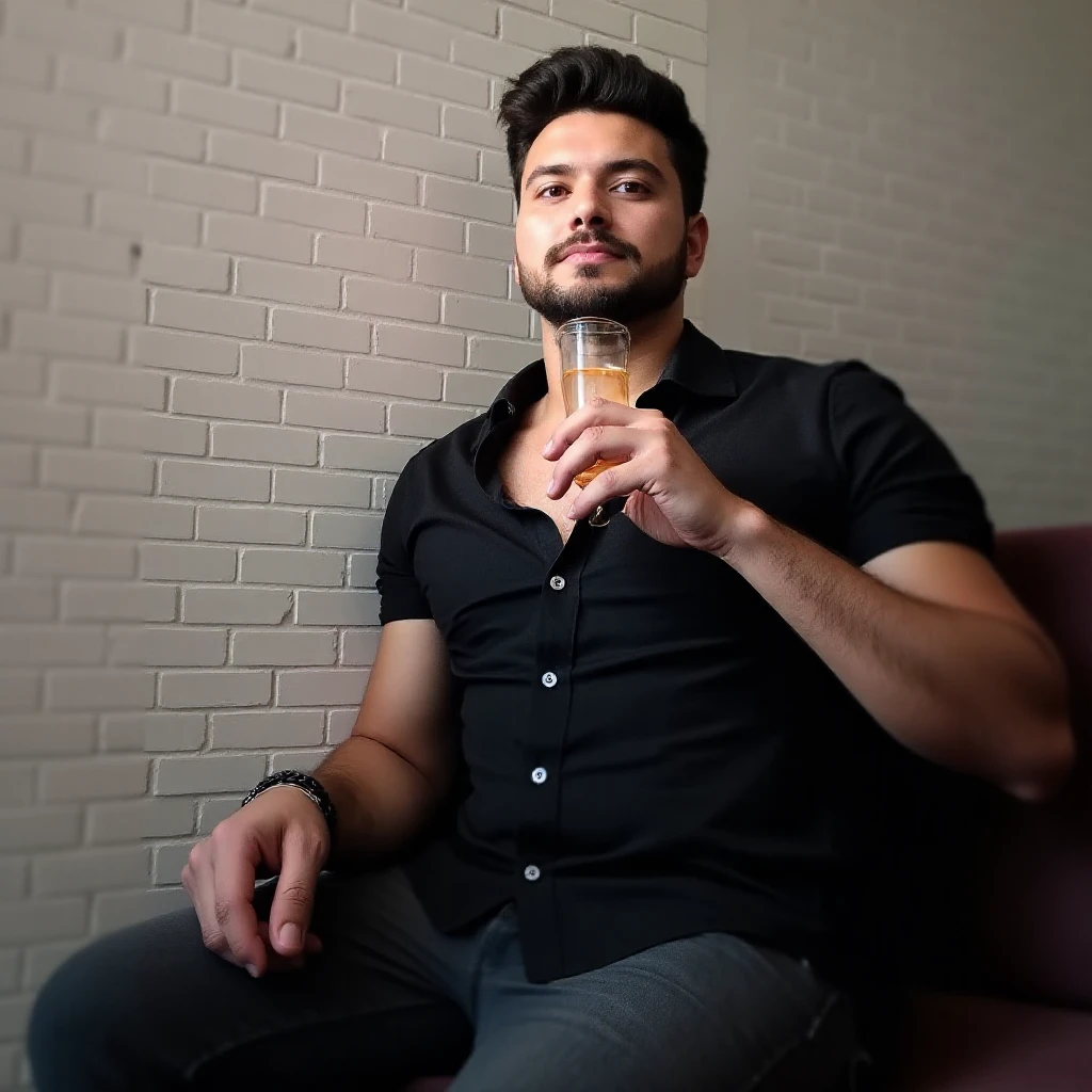 A sexy handsome indian man in a cafe, sitting , homoerotic, handsome face, gorgeous hair, fashionable clothes , nsfw, homoerotic ,penis,(slightly curly hair: 0.2), breast