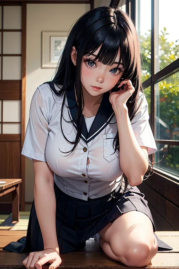 masterpiece, high quality, 最high quality, beautiful, HD, realistic, perfect lighting, detailed face, detailed body, 1 person, black hair, blue eyes, beautiful girl, Uniform taken off、White underwear fully visible, (Charming look: 1.5) (natural face: 1.5), Sitting on a chair in a classroom、sexy、
