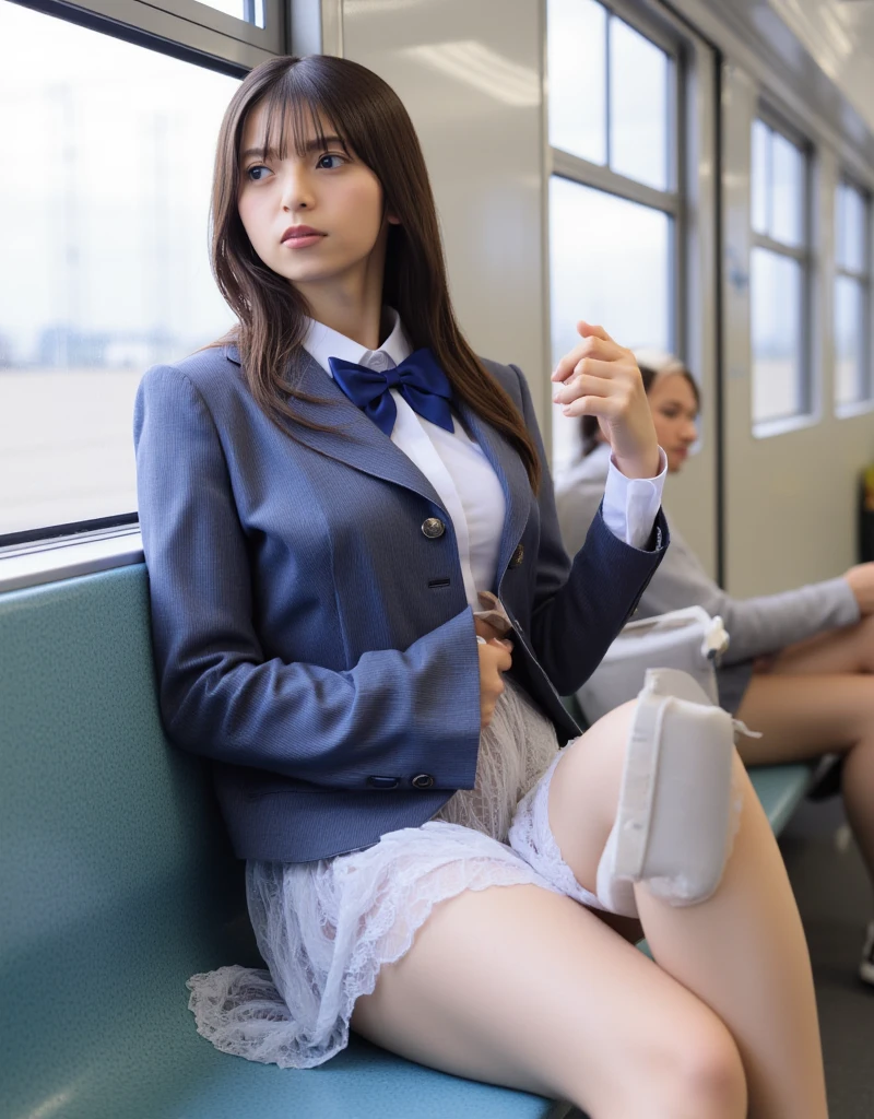 "(masterpiece, High resolution, Ultra High resolution, 4K) Black Hair, 14 year old Japanese girl, Uniform skirt, Accentuate your thighs, White thighs, Soft thighs, Glossy thighs, (Ultra-realistic pantyhose), Sitting on a train, Facing angle, (Angle from below),sitting in a train seat,Sit in front,Zoom camera on crotch,Put your feet on the train floor,whole body,Looking down and sleepy,Watch only viewers", Highest quality, 超High resolution, (Realistic:1.4),, High resolution, detailed, RAW Photos, sharp, Nikon D850 film stock photo by Lee Jefferies 4 Kodak Portra 400 camera F1.6 Lenses、Rich colors、Ultra-realistic and lifelike textures、Dramatic lighting、Unreal Engine、Art Station Trends、Cinestar 800,
