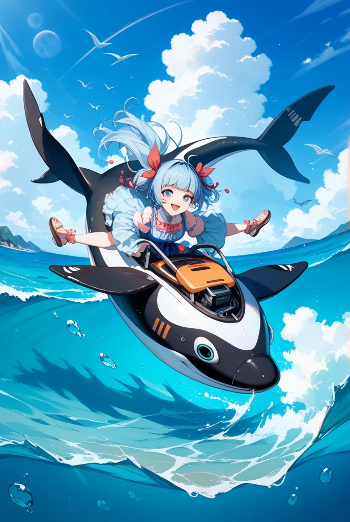Christian Riese Lassen, Katsuhiro Otomo, Margaret Tarrant, Surreal, mysterious, strange, fantastical, fantasy, Sci-fi, Japanese anime, whale shark swimming in the air, beautiful high school girl in a miniskirt riding a whale shark, perfect voluminous body, blue sky, clouds, Tokyo Tower, bird's eye view, hyper detailed masterpiece high resolution definition quality, depth of field cinematic lighting