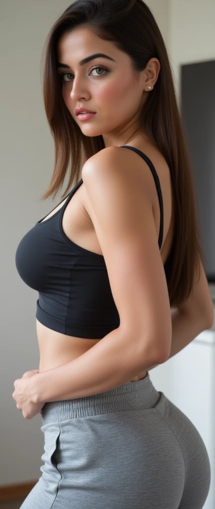 (masterpiece, best quality:1.3), (beautiful, aesthetic, perfect, delicate, intricate:1.2), (cute, sexy, pornographic), (depth of field:1.2), (1 sexy ultra hot girl, solo), colourful, woman of 45 years-old resembling Monica Bellucci, perfect face, black flowing hair , long braid bun hair , front view, big breasts , woman standing in a disco night club , facing front , mid pose , cold light, dim light, muted colours, spartan, (dynamic angle, sensually looking at camera , blushing:1.2)