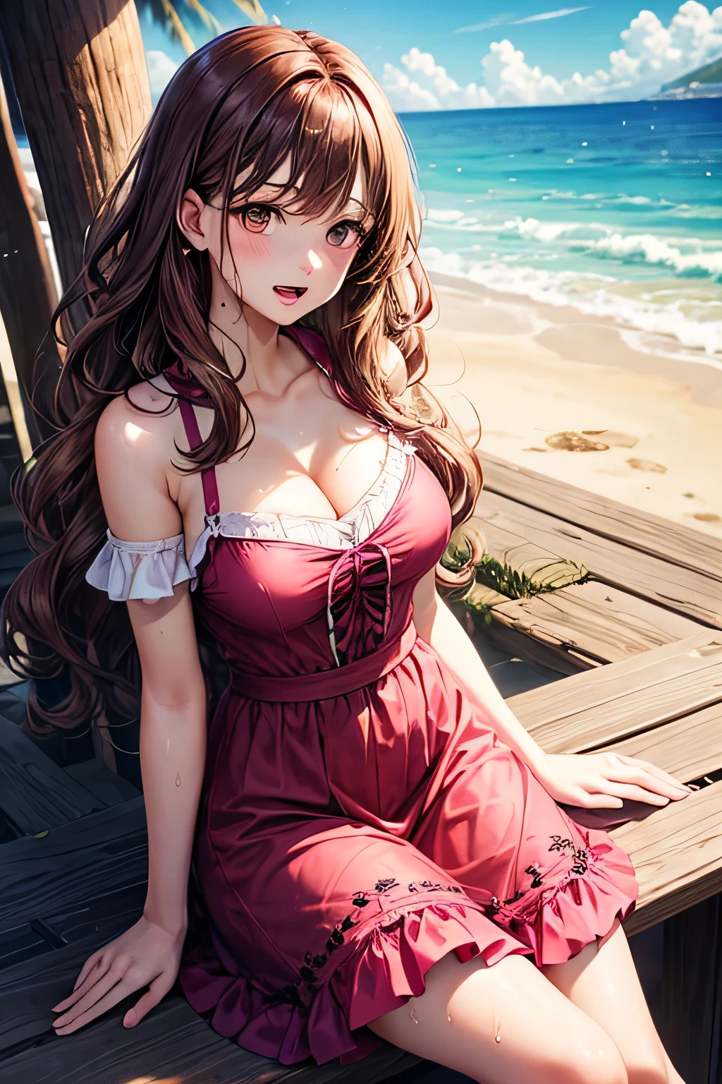 woman, printed sundress, sitting pose, countryside lake, perfect body, large breasts