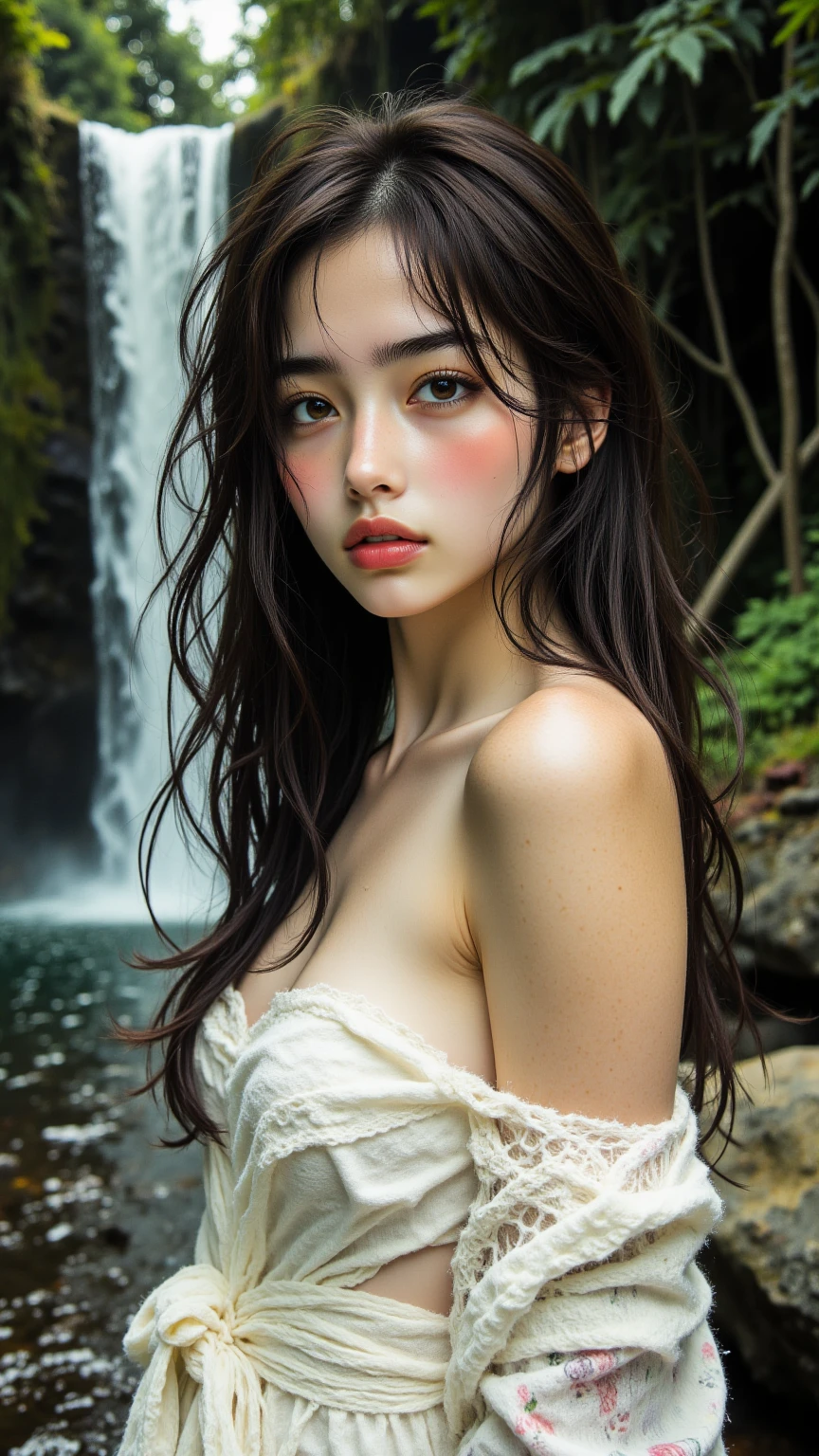 best qualtiy、masterpiece、photoRealstic、intricate-detail、Raw foto、Photon Rendering、Octane Rendering、absurderes、ultra-detailliert、A detailed face、Detailed skin、Trending in art stations、8K Masterpiece、lighting like a movie、( (1girl in))、((独奏) ))、((Behold))、CG Social Trends、Plastic En、((Black Long Hair))、((Beautuful Women))、(A smile)、show the grinps、Upper teeth、Fashionable、summer clothing、Hair that flutters in the wind、((Flowing hair))、fashion magazine、(A sexy)、((lighting like a movie))、((angling))、((a river))、