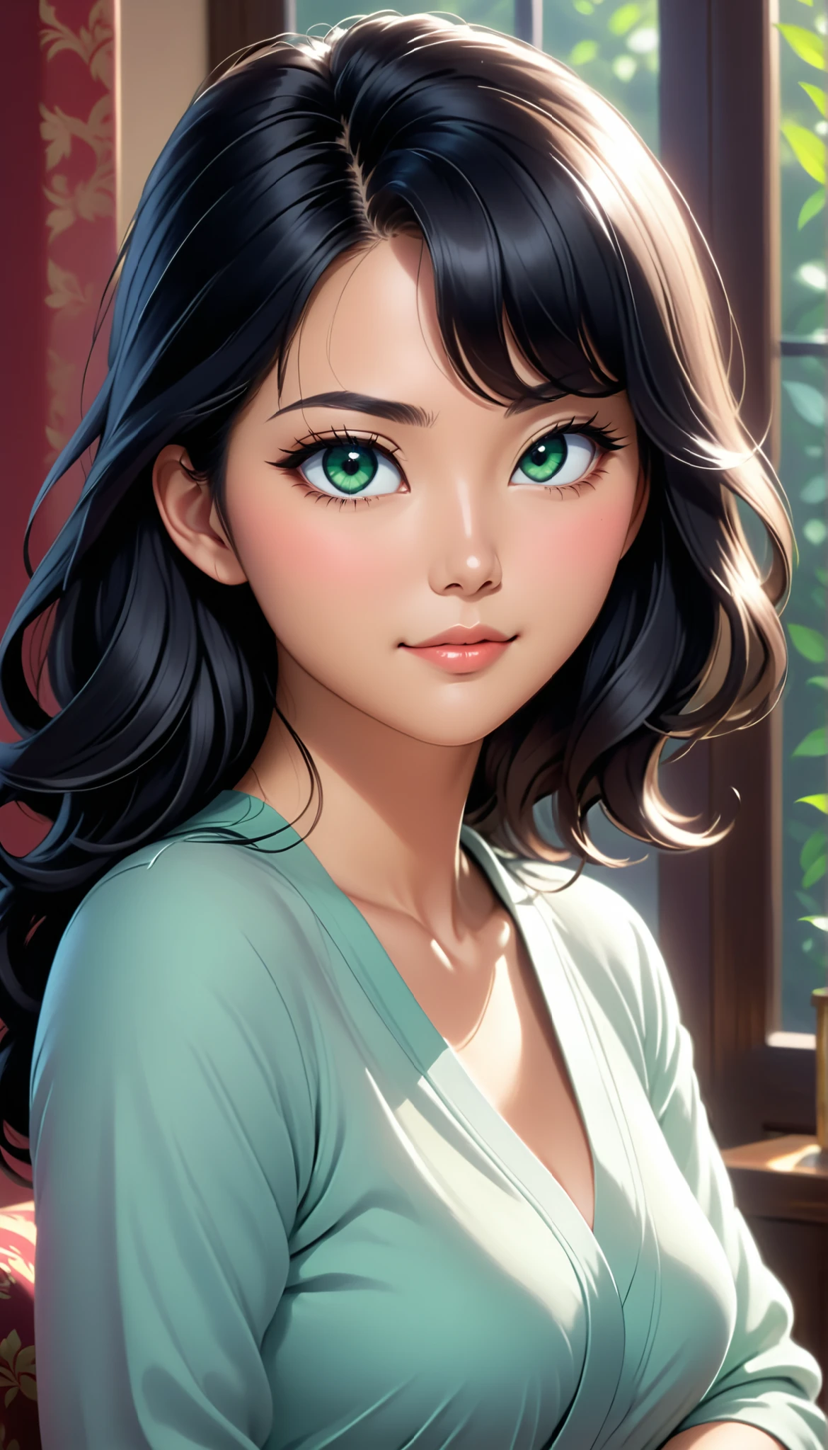 very detailed, ultra-realistic digital illustration of a beautiful young Asian woman, from the waist up, is set in a calm and peaceful environment. Perfect porcelain-like skin shines gently with a natural blush. expressive emerald green eyes, Expressive dark emerald green eyes, long, Delicately rolled eyelashes for perfect beauty. Subtle, has a gentle smile on everyday lips with a natural luster, emphasizes high cheekbones and gentle jawline.
Her silky black hair flows in long, 肩と背中に流れ落ちる波状のhair, creates a warm and inviting atmosphere. 細い前hairが繊細な顔を包んでいる, captures soft golden highlights. a small, simple hairpin rests near her temple, Adds a touch of understated elegance.
she is comfortable , large cream-colored knit sweater with soft texture and gentle creases, is set in a calm and peaceful environment. The high neck modestly emphasizes her slender neck, The intricate patterns and shadows on the fabric bring a sense of reality and depth. with long sleeves 、slightly covering her hands, enhances a cozy and nostalgic atmosphere.
depicts a calm and familiar indoor setting, Natural sunlight shines into the room through softly illuminated windows. A wooden bookcase full of books, A cup of tea placed on a desk, and small horned potted plants add warmth and comfort to live in. This composition is wrapped in soft light, Soft White, and gentle gray creates a calm atmosphere, creates a comfortable and relaxed atmosphere.
She is gently staring at her with big eyes, 拡散自然光 , Her thin bangs cover her delicate face, hair, and background elements . The gentle interaction of light and shadow enhances the sense of depth, This image is very vivid It makes it very immersive.
This ultra-high definition, High quality illustrations capture the essence of beauty, combines warmth and realism into an intimate and quiet setting, for perfect beauty