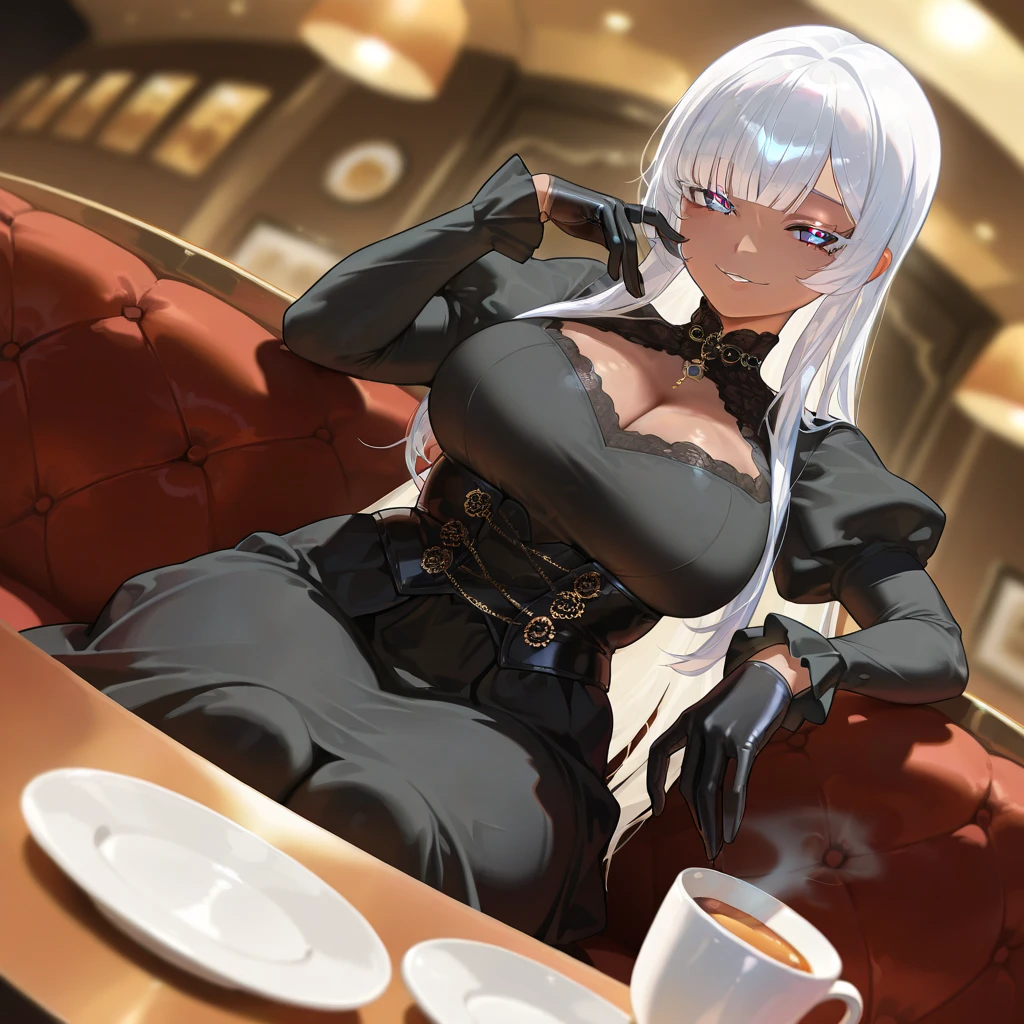 Anime style, goth, sassy, busty, nude with exposed tits, coffee, dominatrix