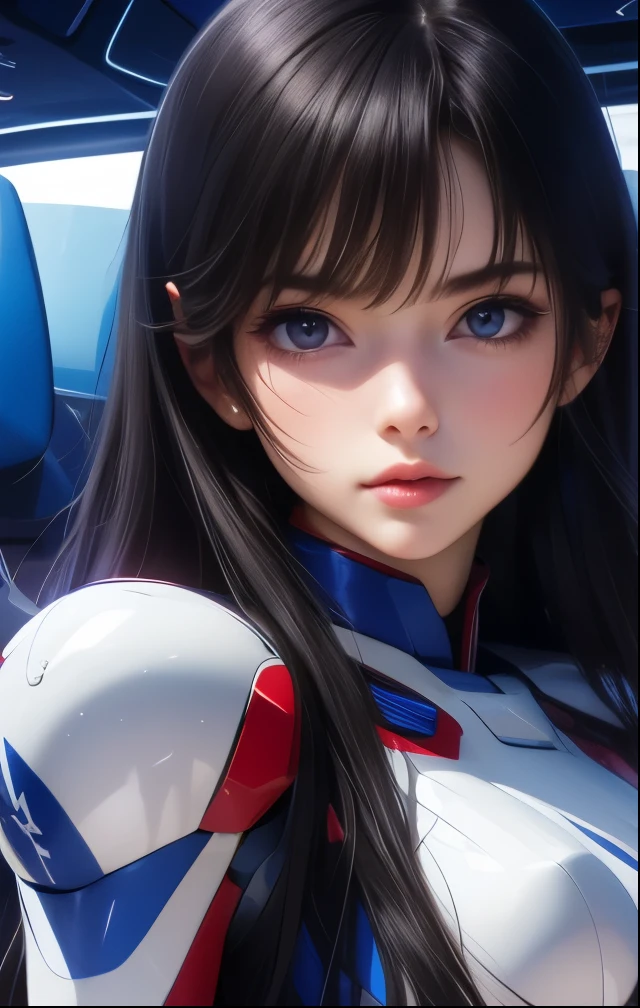 (((SFW、Highest quality、 first class masterpiece 、 normal body 、32k、 detailed face 、super precise、 normal hand、5refer to、Highest)))、Tsuzaki Aoba、aoba-tsuzaki、『JINKI』、Beautiful Girl、black hair、long hair、beautiful breasts、slender、 slim、Petite、 can be used、blue purple tight bodysuit、robot cockpit