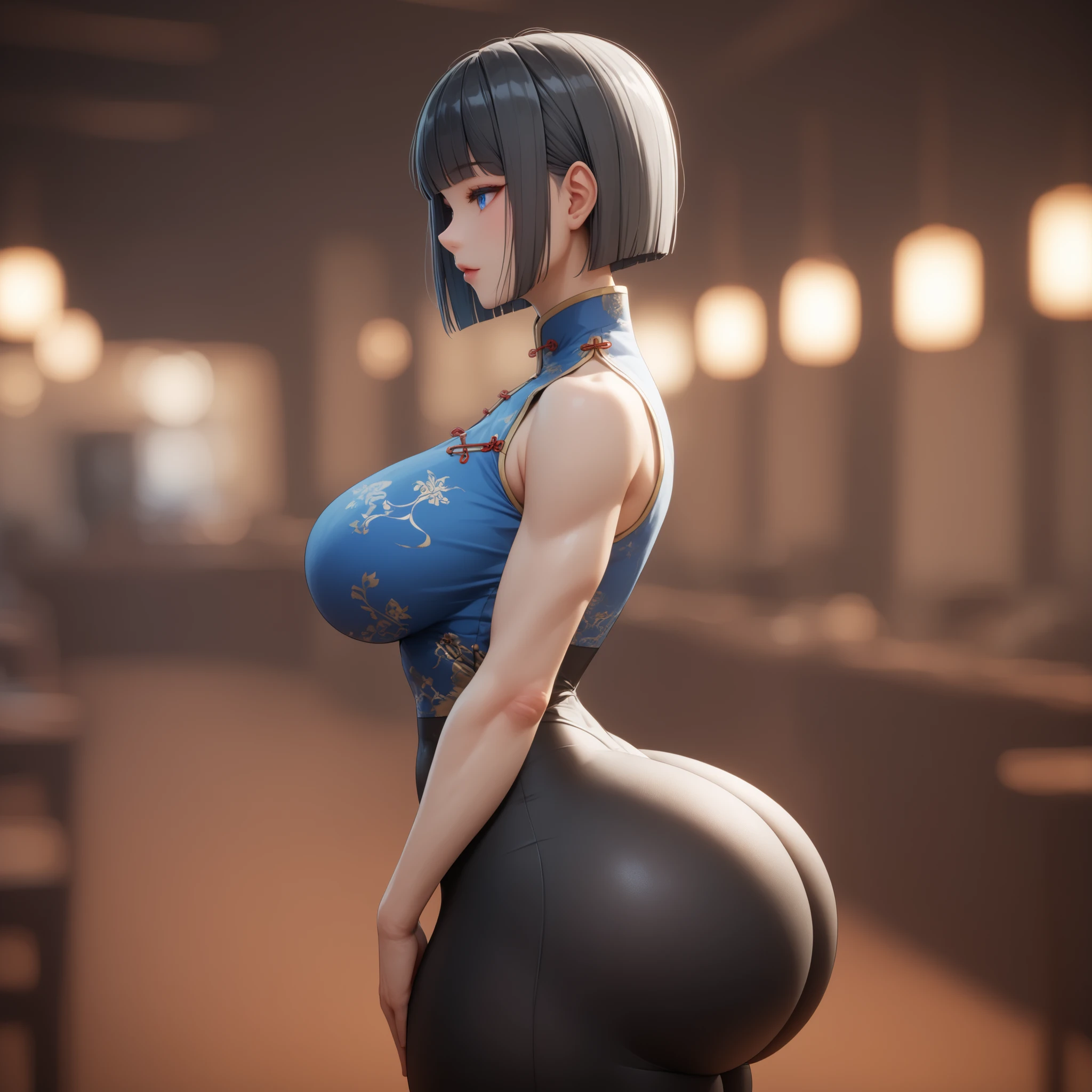 ((Gray Hair))、(Black inner hair ), top quality、 Masterpiece、( professional lighting )、 surreal、 attractive、 figure like a slender supermodel, ((narrow waist, wide hips, thick thighs)), ((huge ass, meaty ass, large asscheeks)), thigh gap 、 one girl , ( Slightly Bigger Breasts, ), (character in foreground, blurred background ), (Bright, beautiful blue eyes , wolf cut, ((black tight Chinese clothes))) ((from side, side view)), ( beautiful face squinting in bright light )