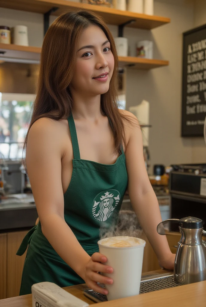 (best quality,highres), A beauty in a Starbucks uniform makes coffee, Big breast、just wearing naked apron、full body, naughty seductive pose, vivid colors,portrait,detailed eyes and face,dark hair,beautiful lips,expressive eyes,natural lighting,smoky eye makeup,curly hair,starbucks branding,coffee machine,morning scene,hot steaming coffee cup,caffeine boost,warm atmosphere,barista style,polished nails,professional lighting,playful expression,intense gaze,aroma of freshly brewed coffee,caffeine addiction,barista skills,aromatic coffee beans,sexy smirk,confident posture,enticing aura