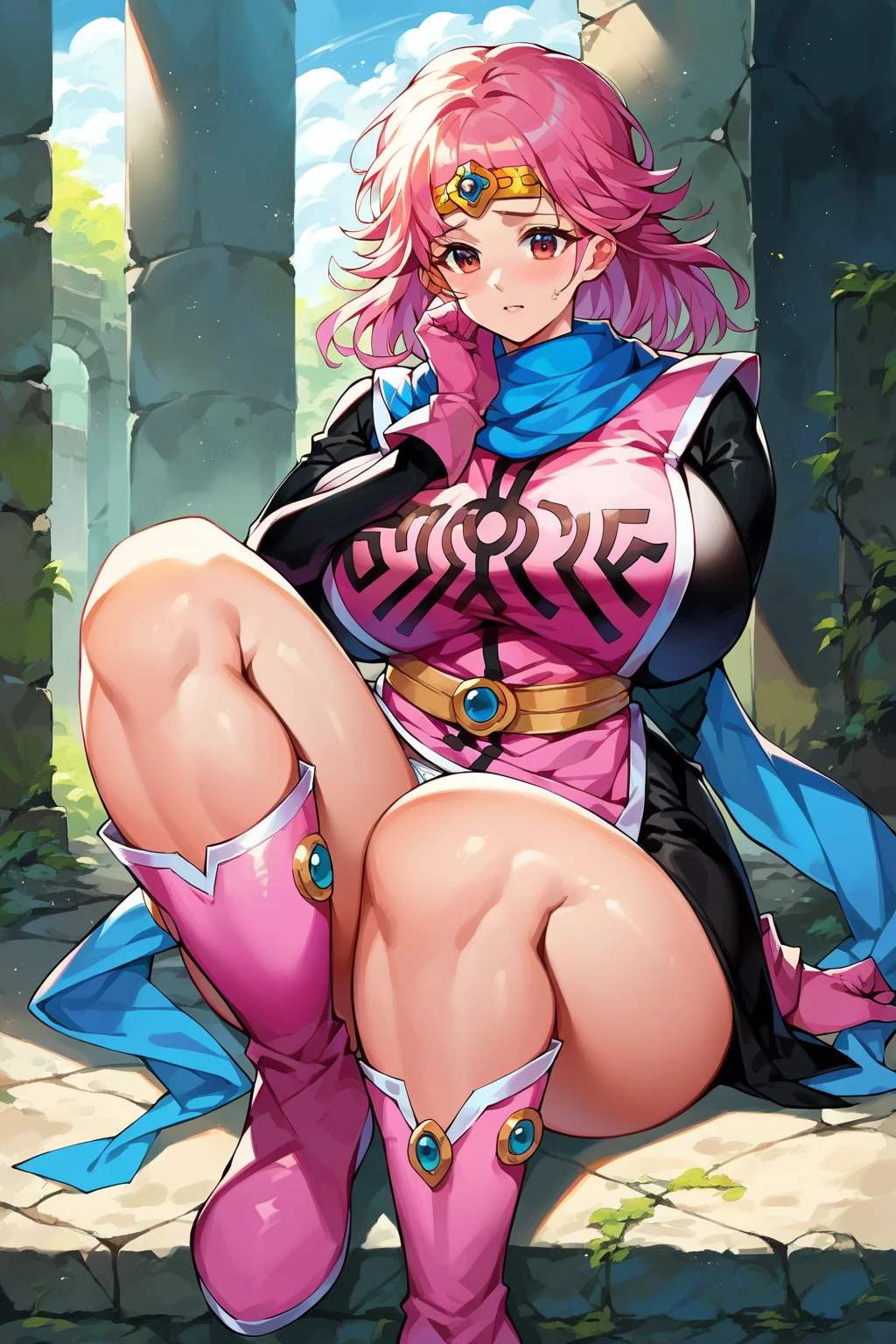 pink hair woman cartoon closeup, tits, Sexy pubic pose gesture, shiny pink armor, anime girl squatting, anime goddess, , Beautiful anime girl squatting, high leg leotard, shiny thighs, high heels