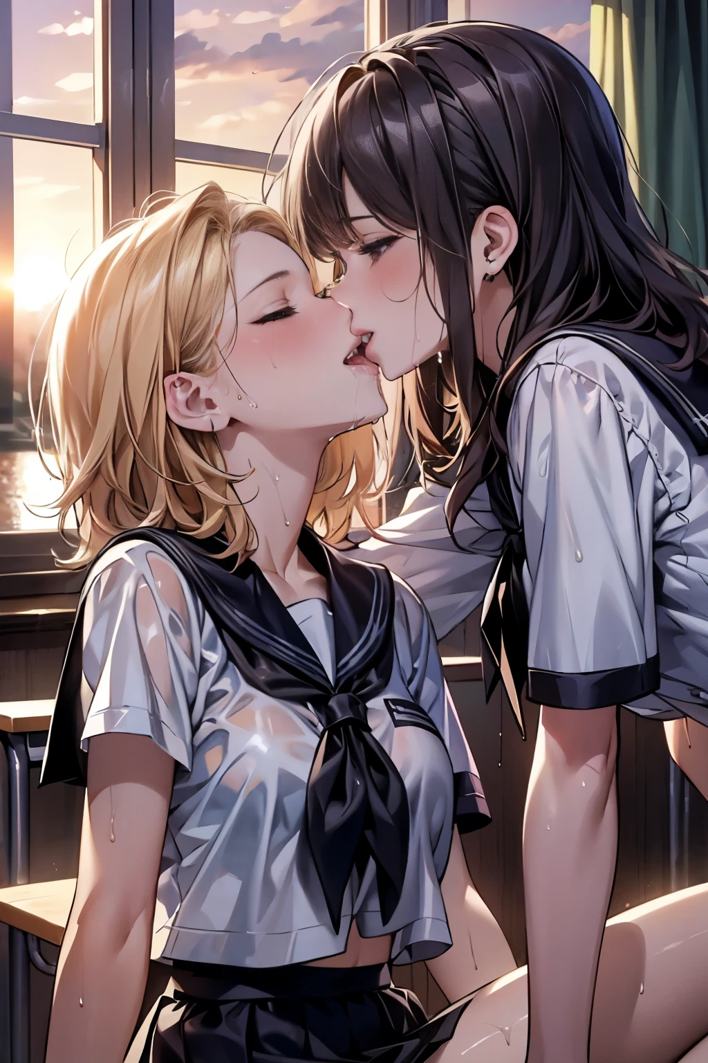 two women facing each other,15-year-old student,((Cum in mouth)) ,(((Blushed))), ((Tears on the tongue)), (())((Mouth open)),((Business suits and uniforms))(Happy Ahegao),Wet with sweat,(Woman with black braids and woman with long blonde hair,)(classroom)