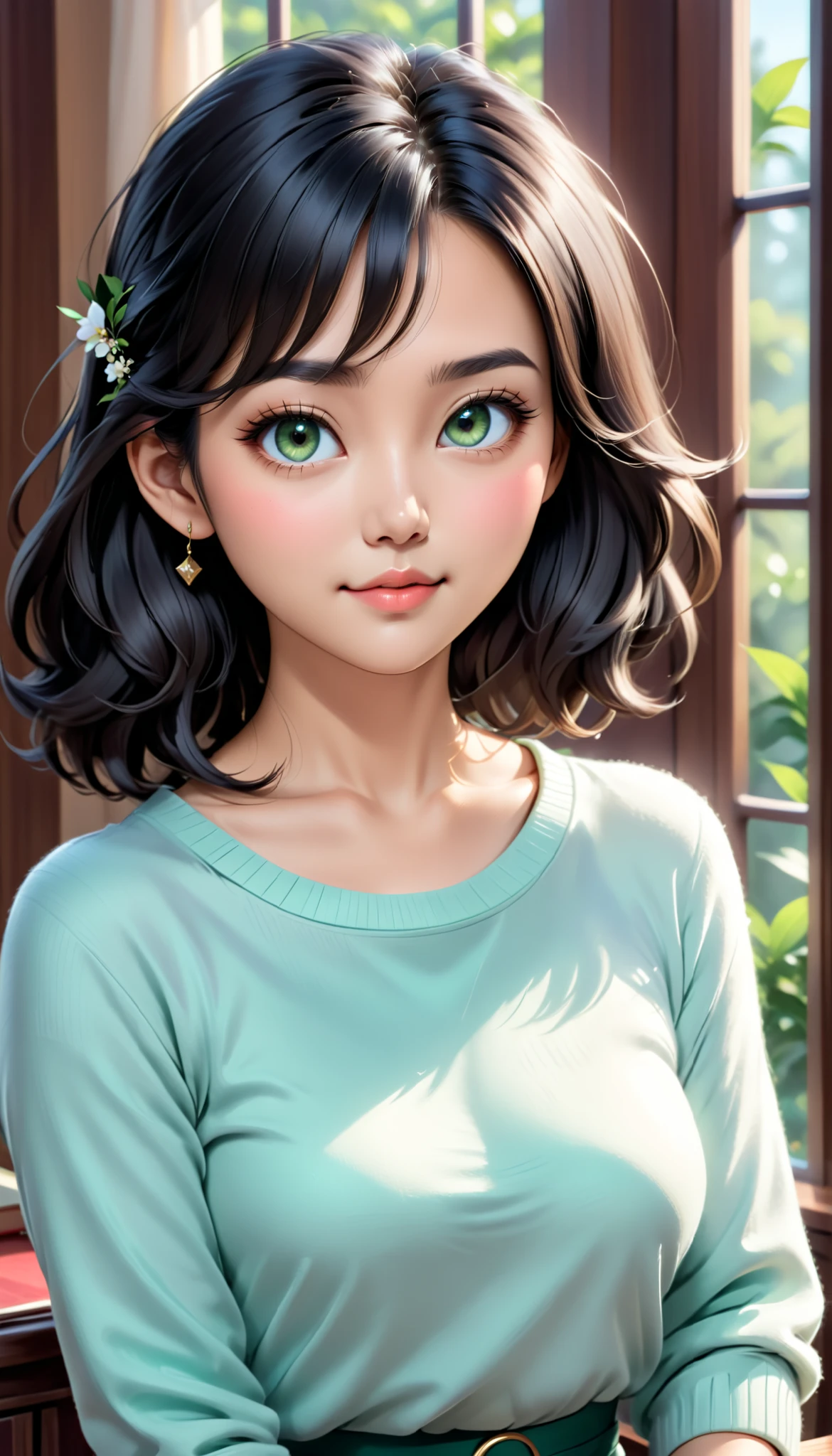 very detailed, ultra-realistic digital illustration of a beautiful young Asian woman, from the waist up, is set in a calm and peaceful environment. Perfect porcelain-like skin shines gently with a natural blush. expressive emerald green eyes, Expressive dark emerald green eyes, long, Delicately rolled eyelashes for perfect beauty. Subtle, has a gentle smile on everyday lips with a natural luster, emphasizes high cheekbones and gentle jawline.
Her silky black hair flows in long, 肩と背中に流れ落ちる波状のhair, creates a warm and inviting atmosphere. 細い前hairが繊細な顔を包んでいる, captures soft golden highlights. a small, simple hairpin rests near her temple, Adds a touch of understated elegance.
she is comfortable , large cream-colored knit sweater with soft texture and gentle creases, is set in a calm and peaceful environment. The high neck modestly emphasizes her slender neck, The intricate patterns and shadows on the fabric bring a sense of reality and depth. with long sleeves 、slightly covering her hands, enhances a cozy and nostalgic atmosphere.
depicts a calm and familiar indoor setting, Natural sunlight shines into the room through softly illuminated windows. A wooden bookcase full of books, A cup of tea placed on a desk, and small horned potted plants add warmth and comfort to live in. This composition is wrapped in soft light, Soft White, and gentle gray creates a calm atmosphere, creates a comfortable and relaxed atmosphere.
She is gently staring at her with big eyes, 拡散自然光 , Her thin bangs cover her delicate face, hair, and background elements . The gentle interaction of light and shadow enhances the sense of depth, This image is very vivid It makes it very immersive.
This ultra-high definition, High quality illustrations capture the essence of beauty, combines warmth and realism into an intimate and quiet setting, for perfect beauty