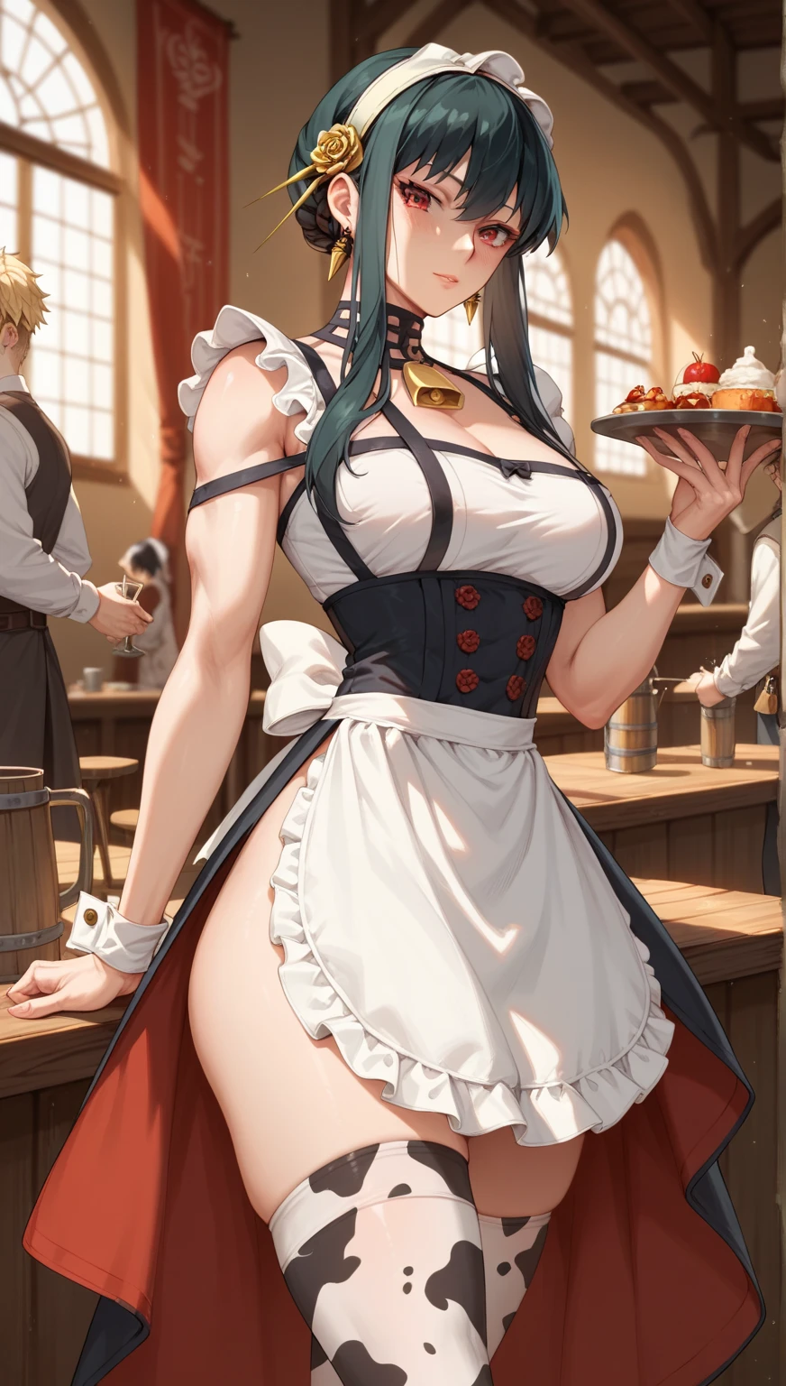 (best quality, masterpiece), (ultra high resolution, 8K RAW photo, photo realistics:1.5, textile shading, thin outline, clear focus:1.2), Beautuful Matured woman preparing tea-time in the garden, standing by the round table, (tea set, tea pot, tea cups, some cakes on dish), classy art deco style table, wearing light_brown maid uniform, breast cleavage, maid costume:1.2, long flare skirts, apron, bow ties on thechest, long tall sally, long legs, long white hair, (wearing thin-flame glasses:1.2), (milf:1.5, 28 years old, solo), (large breast, sagging breast, big tits, narrow waist), (medium short white hair, hair over one eye, (updo hair:1.2), side lock, asymmetric hair, wavy hair), (bright pupils, detailed eyes, high detailed face, Perfect face shape, eye rush), (seductitve smiling, half-closing eyes), (looking at viewers:1.3), (dynamic angle, full body, from above:1.2), ((correct anatomy:1.5, correct hands)), (ideal ratio of body proportions), (outdoor:1.2, grass field),
