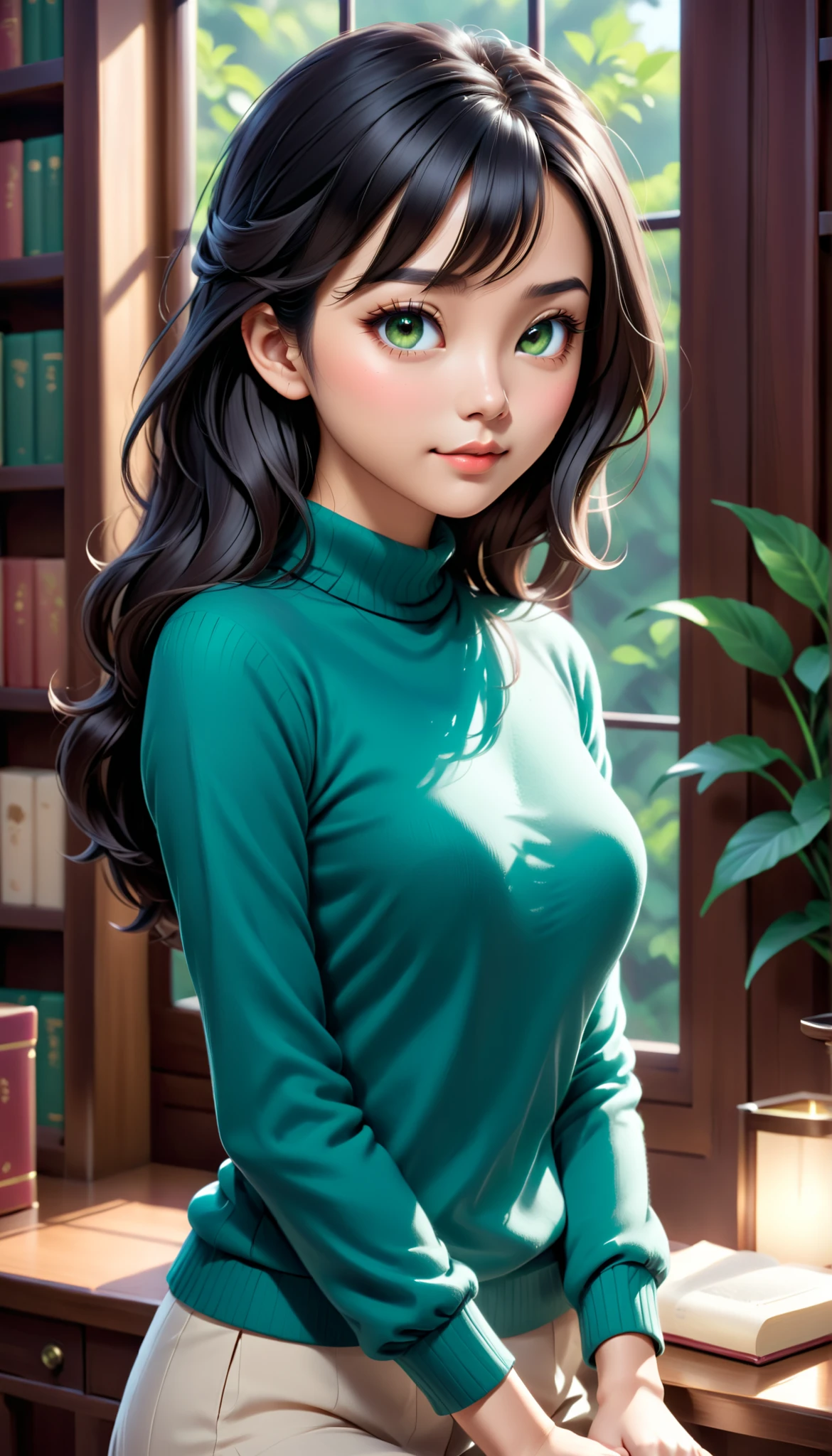 very detailed, ultra-realistic digital illustration of a beautiful young Asian woman, from the waist up, is set in a calm and peaceful environment. Perfect porcelain-like skin shines gently with a natural blush. expressive emerald green eyes, Expressive dark emerald green eyes, long, Delicately rolled eyelashes for perfect beauty. Subtle, has a gentle smile on everyday lips with a natural luster, emphasizes high cheekbones and gentle jawline.
Her silky black hair flows in long, 肩と背中に流れ落ちる波状のhair, creates a warm and inviting atmosphere. 細い前hairが繊細な顔を包んでいる, captures soft golden highlights. a small, simple hairpin rests near her temple, Adds a touch of understated elegance.
she is comfortable , large cream-colored knit sweater with soft texture and gentle creases, is set in a calm and peaceful environment. The high neck modestly emphasizes her slender neck, The intricate patterns and shadows on the fabric bring a sense of reality and depth. with long sleeves 、slightly covering her hands, enhances a cozy and nostalgic atmosphere.
depicts a calm and familiar indoor setting, Natural sunlight shines into the room through softly illuminated windows. A wooden bookcase full of books, A cup of tea placed on a desk, and small horned potted plants add warmth and comfort to live in. This composition is wrapped in soft light, Soft White, and gentle gray creates a calm atmosphere, creates a comfortable and relaxed atmosphere.
She is gently staring at her with big eyes, 拡散自然光 , Her thin bangs cover her delicate face, hair, and background elements . The gentle interaction of light and shadow enhances the sense of depth, This image is very vivid It makes it very immersive.
This ultra-high definition, High quality illustrations capture the essence of beauty, combines warmth and realism into an intimate and quiet setting, for perfect beauty