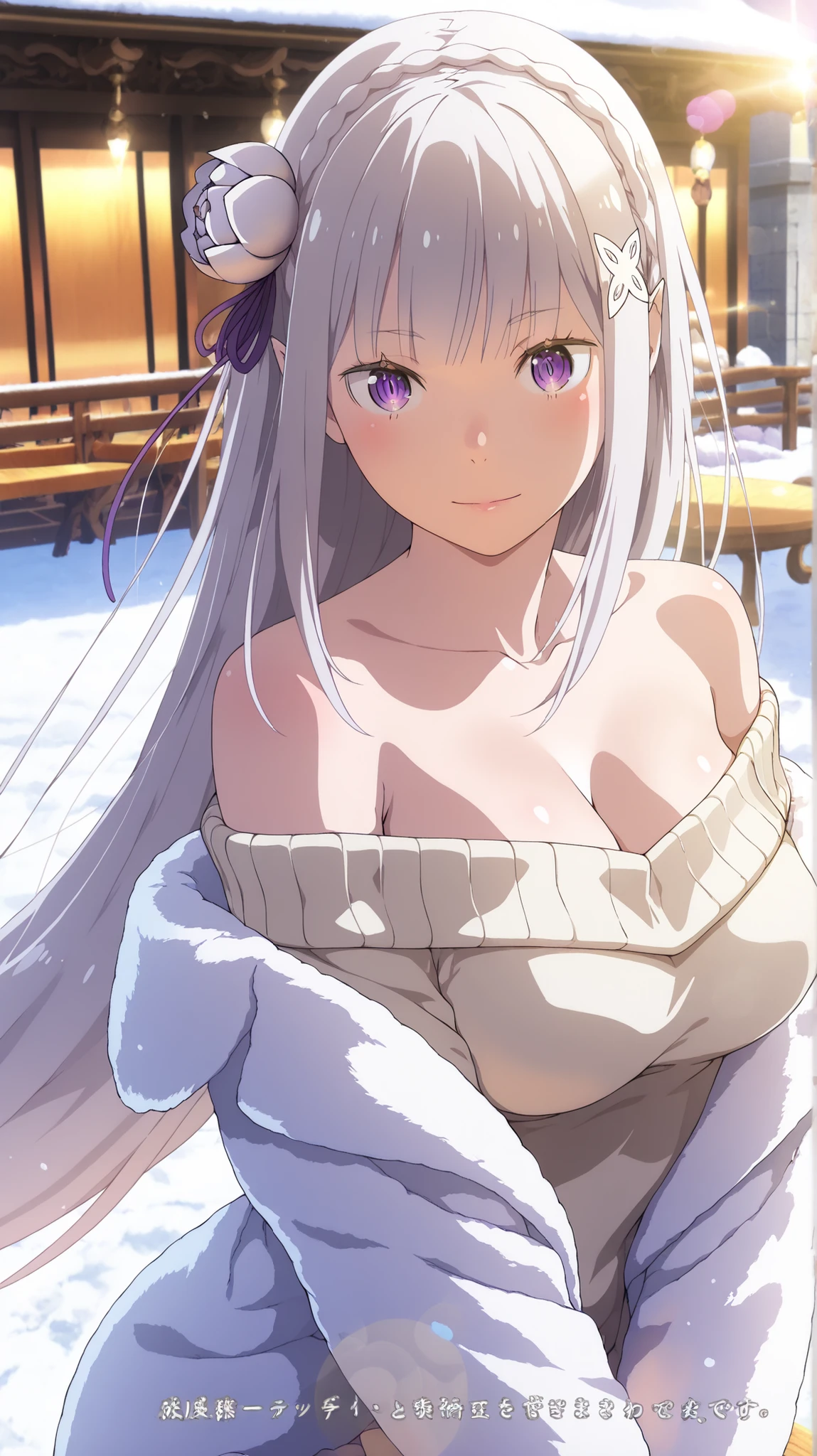 Emilia re zero, ((masterpiece:1.5、8k、Tabletop、フォトリアリスティックでVery detailedなCG、Very detailed、Particle Effects、Dynamic Effects、Written boundary depth、Cinematic Light、Lens flare、Ray Tracing、Tabletop、Realistic:1.4、Ultra-high resolution:1.2、Realistic、Realistic))((alone、,A woman wearing a white fur coat over an off-the-shoulder sweater.:1.4、Elegant woman posing:、Detailed face、bright表情、young, bright, Whiter skin、Ample breasts、Best Looks、Ultimate beauty、White hair with glossy highlights、bright and shiny hair,、Super long, Silky straight hair、Hair dancing in the wind))(morning、The setting is outdoors in the snow、Crystal of snow)