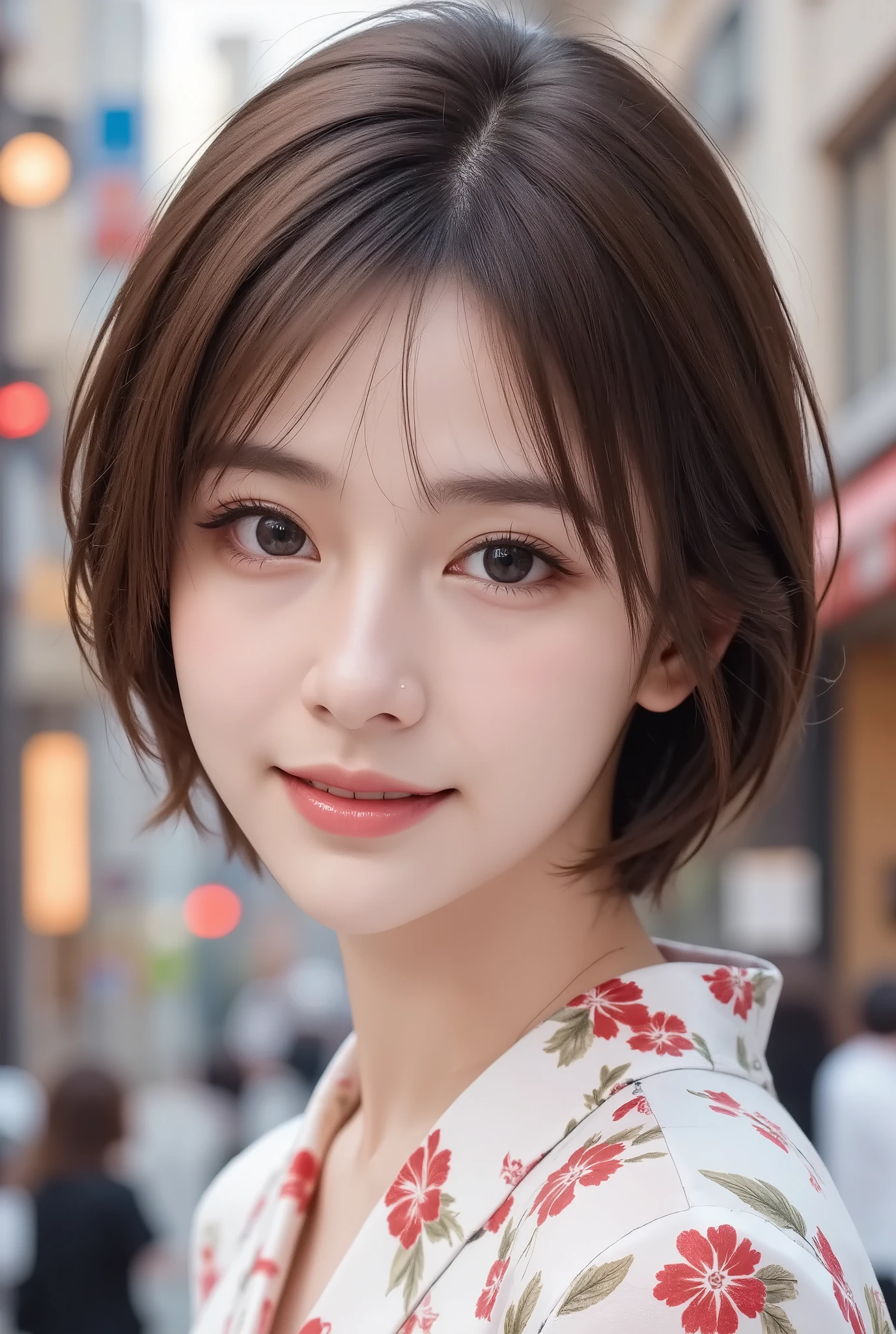 photorealistic Japanese woman、18 years old、shortcut、Touching your hair、overview、geta、Flower pattern kimono、festival