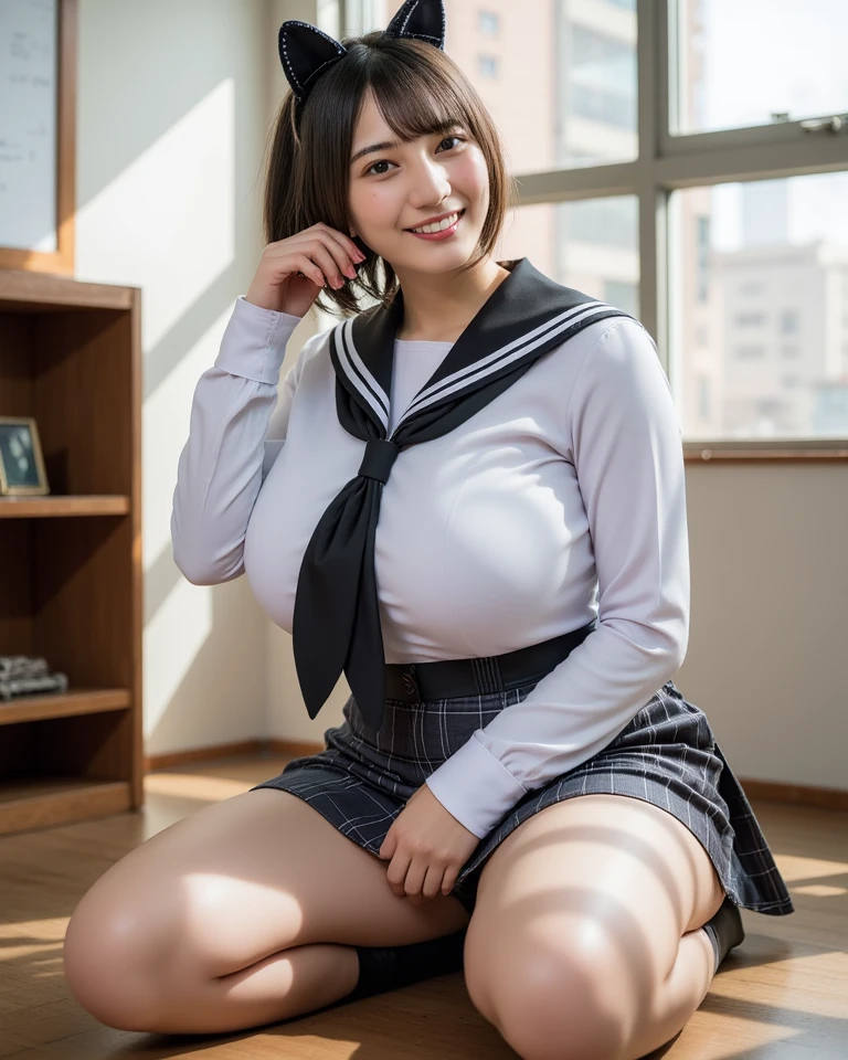 white undressed collared shirt,,short checked pleated skirt,curvy body,huge breasts,japanese female,knees up and spreading legs,from below,thick thighs,seductive cute face,laughing,from below