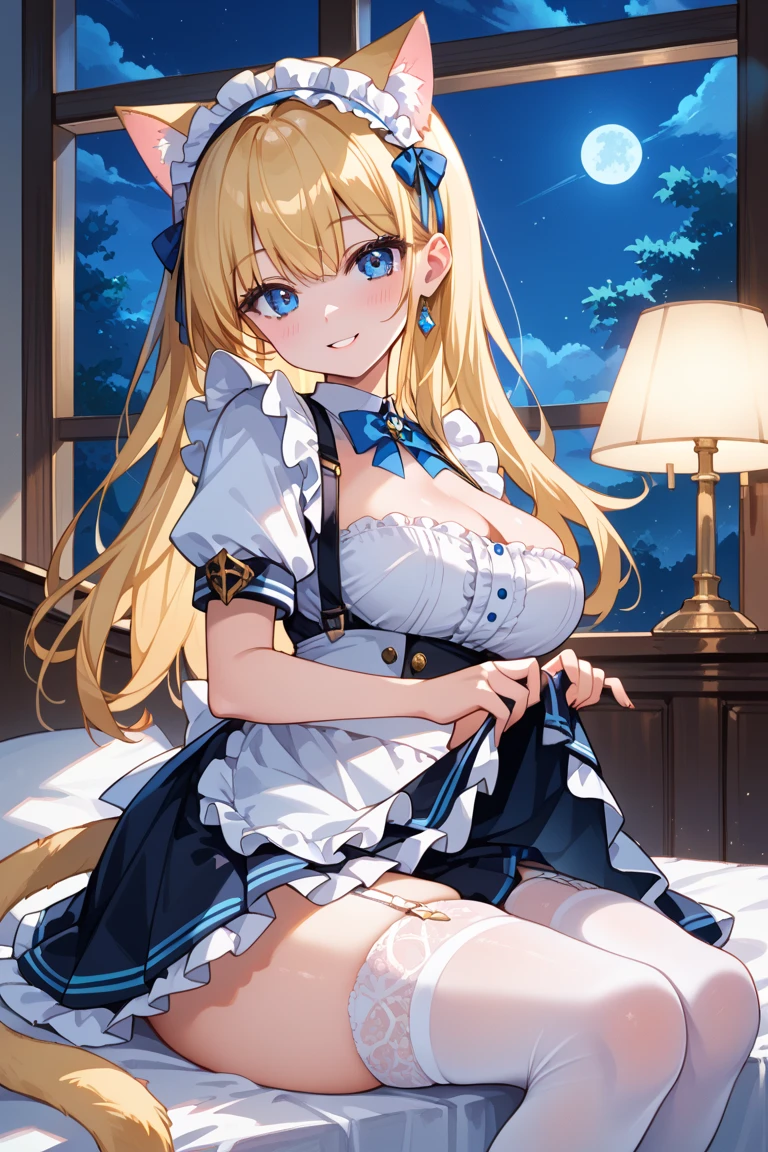 (masterpiece, best quality:1.2), 1 Girl, Solitary, (blond), Blue hair band, 左边是Blue hair band, White bra, Black gloves, knight skirt, Smile, Solid color background
