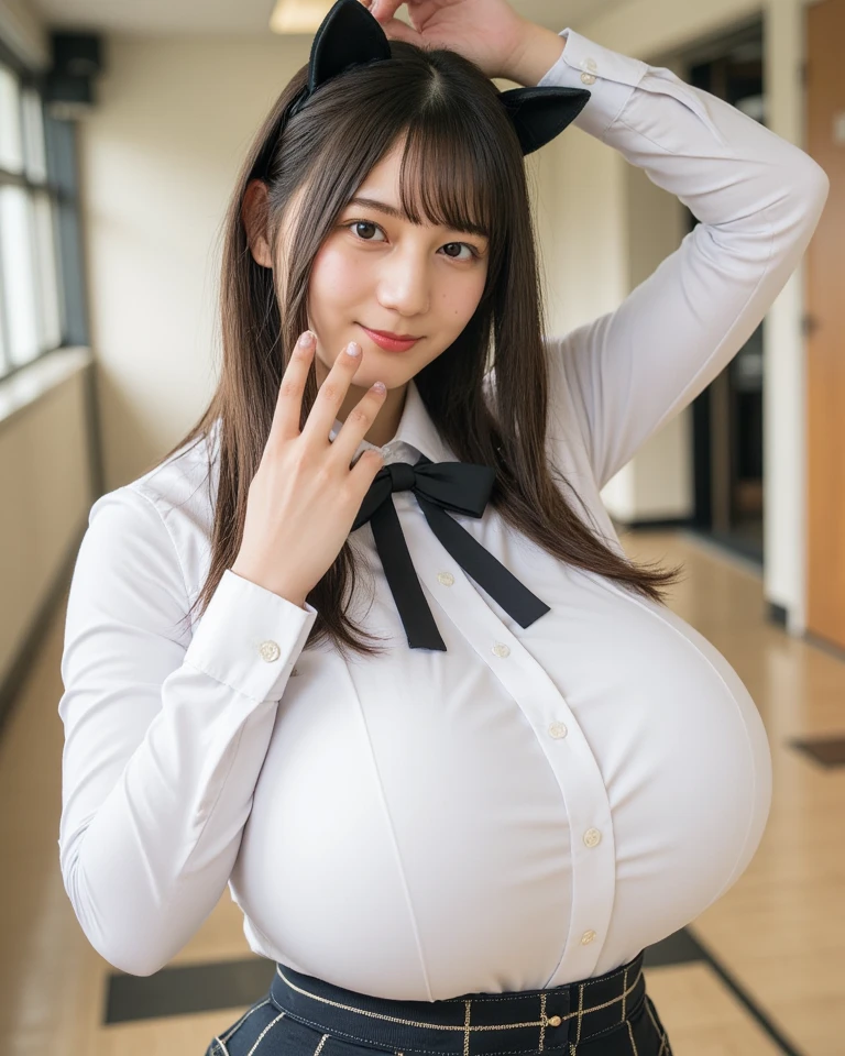 (Highest quality、Tabletop、、Best image quality、Award-winning works)、e schWhite polyester collared shirt、Short sleeve:1.4)、(Navy Pleated Skirt:1.1)、Portrait of、Glowing Skin、Brown Hair、Are standing、Sculpture Pose、(The simplest pure white background:1.1)、(Extremely large face and larger breasts:1.8)、Accentuate your body lines:1.1)、Very large red ribbon tie、((Updo:1.35))、smile、((Half naked))