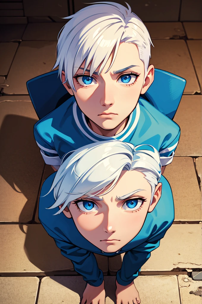 Two cute brothers aged 14 and 15, 14 and 15 years of silver hair. discuten en medio del desierto usan toples boxers color azul. estan sin camisa, cabello lacio corto