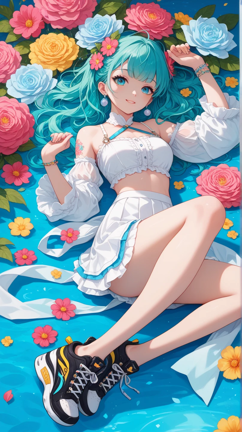 小さなgirl、The arrival of spring、hip shot、thick thighs、thick thighs、 big ass、chest is small、(alone:1.5,)Super detailed,bright colors, very beautiful detailed anime face and eyes, back view、 shiny_skin,girl, ((Purple long hair,Inner color is red 、forehead is exposed.、green eyes、、shiny hair, delicate beautiful face, blush、(turquoise eyes), White skin, Valletta, earrings,、blue flower field、(((Floral pink、See-through、shirt、tight、check、white tight skirt)))、twin tails、smile、happy face、face dyed red