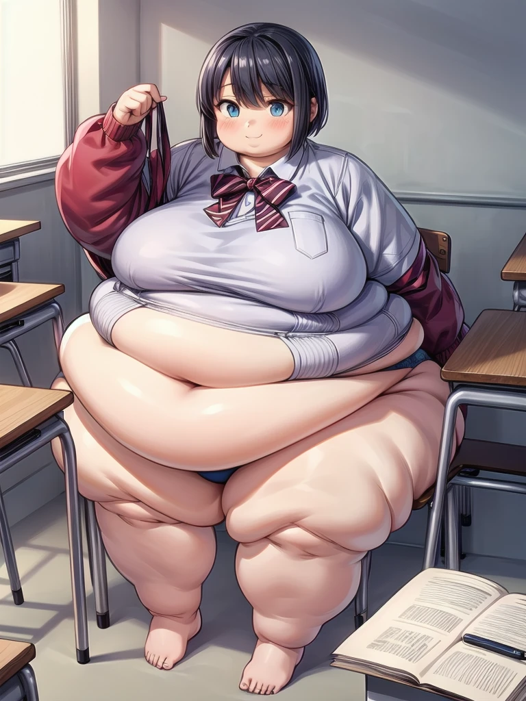obese itsukinakano, obese itsuki nakano, bangs, blue eyes, hair between eyes, ahoge, red hair, star \(symbol\), hair ornament, star hair ornament, obese body, big cheeks
BREAK shirt, school uniform, collarbone, white shirt, short sleeves, white panties, socks, collared shirt, kneehighs, white socks, sweater vest, white sweater vest,
BREAK indoors, school, classroom,
BREAK (masterpiece:1.2), best quality, high resolution, unity 8k wallpaper, (illustration:0.8), (beautiful detailed eyes:1.6), extremely detailed face, perfect lighting, extremely detailed CG, (perfect hands, perfect anatomy),