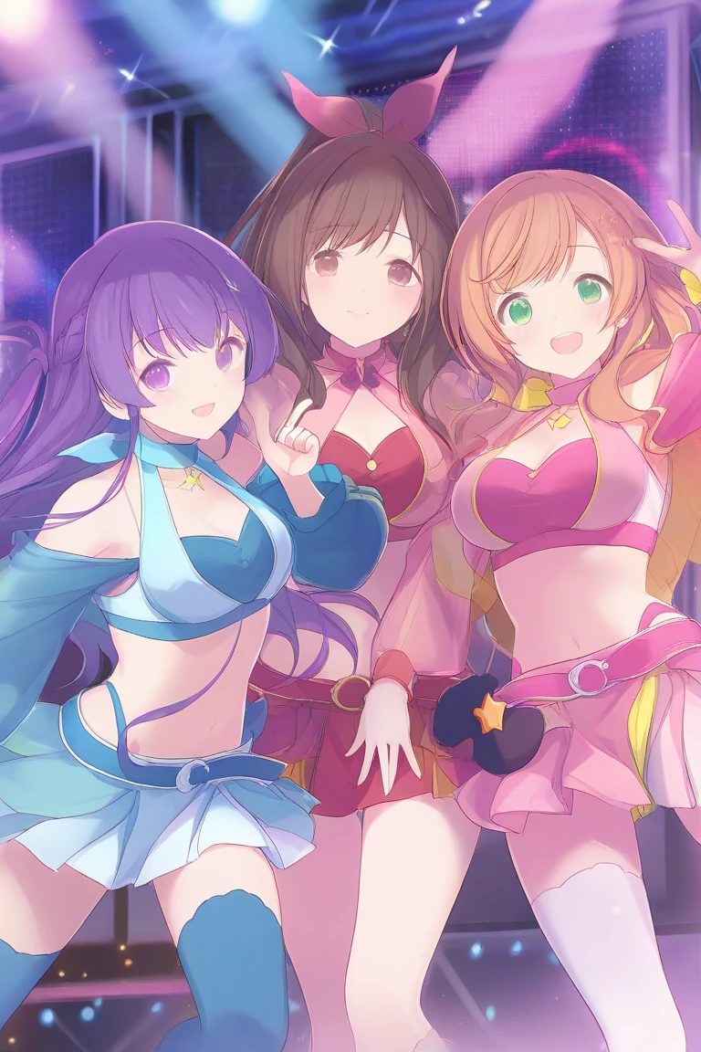 (((masterpiece、Highest quality)))、((Three girls、beautiful girl、Detailed and cute face、smile、:1.5)))、(Idol Concert、Concert Stage、PreCure Costumes、Beautiful illuminations)、(Three naked girls:1.3、Various hair colors、smile:1.3、Idol Costumes)、(Nipples)、( Skin、Flashy and gorgeous accessories、Fishnet tights、Black Hair)、Visitors々