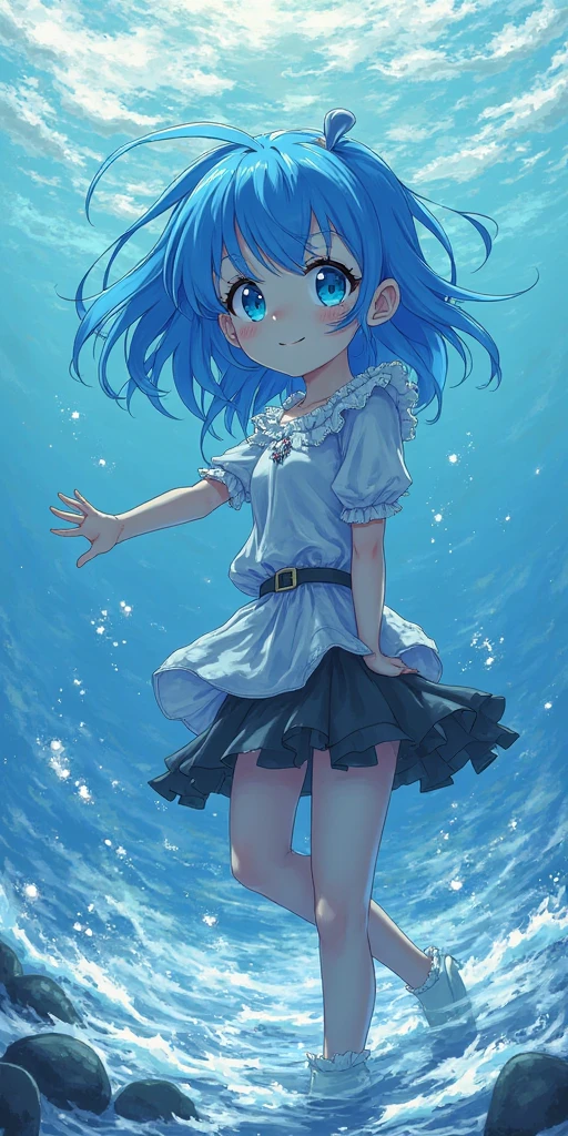 ultra-detailed:1.3, ultra delicate and detailed face:1.3, (absurdres, texture, masterpiece), cowboy shot, vibrant colors and pose, pixiv contest winner, by Posuka Demizu, dynamic manga-style illustration of slender girl frolicking innocently in the sea in the middle of summer, the T-shirt over her bikini wet and transparent, scooping up water with both hands and pouring it all over the viewer, the sparkling brightness and vitality of midsummer. The girl's charming smile is impressive.
