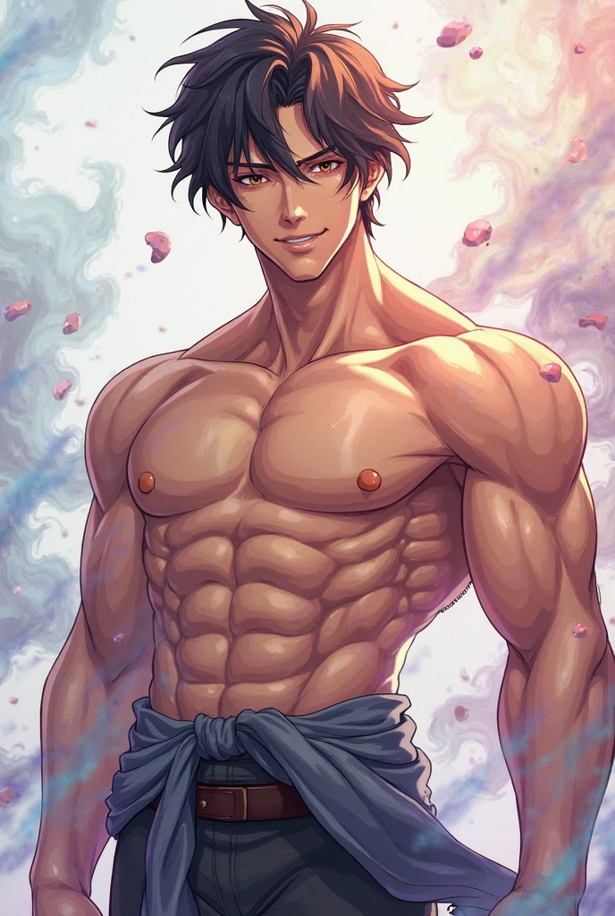 anime+hentai+yaoi style pastel color palette, symmetrical composition, ultra-detailed artistic style, oil painting, full body, perfect composition, perfect anatomy, wearing small shorts, dramatic, natural lighting, a beautiful young man, handsome, tall, perfect feet, Latino, muscles Detailed realistic, body symmetry, smiling , natural espontaneous body happy expression, he is wearing small shorts standing starting to the viewer, in the background japanese garden, japanese tradicional arquitecture elements