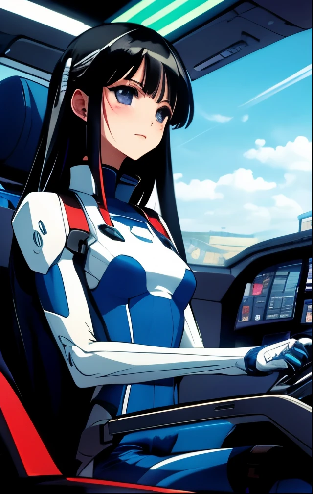 (((SFW、Highest quality、 first class masterpiece 、 normal body 、32k、 detailed face 、super precise、 normal hand、5refer to、Highest)))、Tsuzaki Aoba、aoba-tsuzaki、『JINKI』、Beautiful Girl、black hair、long hair、beautiful breasts、slender、 slim、Petite、 can be used、blue purple tight bodysuit、robot cockpit