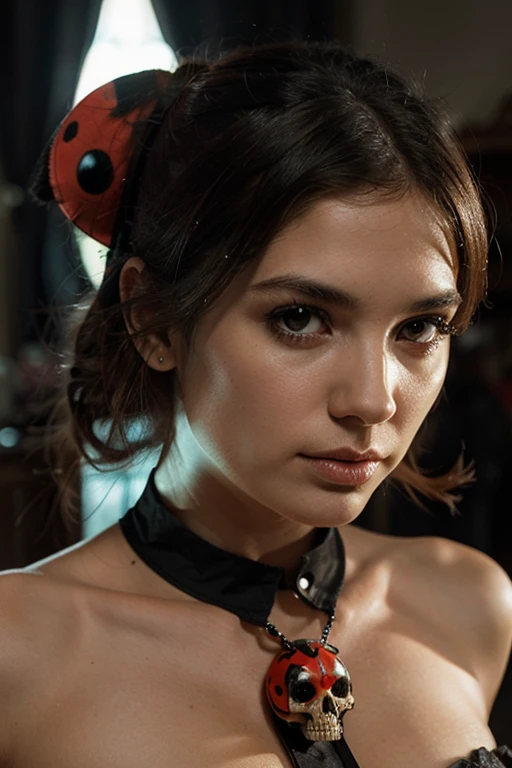((extreme detail)),(ultra-detailed), extremely detailed CG unity 8k wallpaper, velvet, figurine, red hood, crop top, star headdress, puffy sleeves, lips, looking away, close-up, head turn, black background