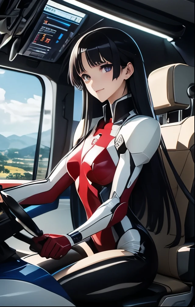 （（（ＳＦＷ、Highest quality、 first class masterpiece 、 normal body 、32k、  detailed face 、super precise、  normal hand、５refer to、Highest）））、Tsuzaki Aoba、aoba-tsuzaki、『JINKI』、Beautiful Girl、black hair、long hair、beautiful breasts、slender、 slim、Petite、 can be used、blue purple tight bodysuit、robot cockpit