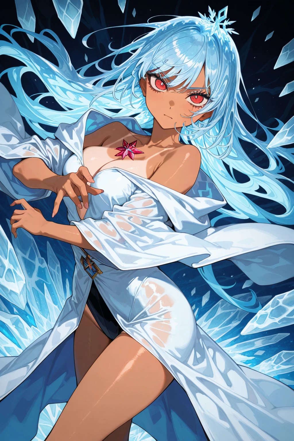 Uma de cabelos loiros, who is wearing a light blue bikini and is showing her breasts
