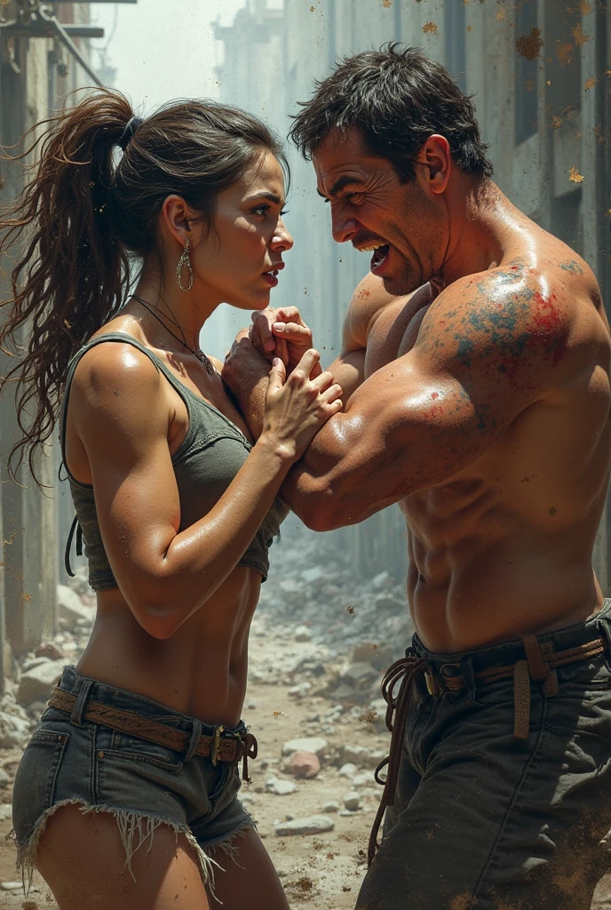 "Attractive man and woman in an action movie scene with explosions and fire, cuerpos musculosos, barba, rostros detallados y expresivos".