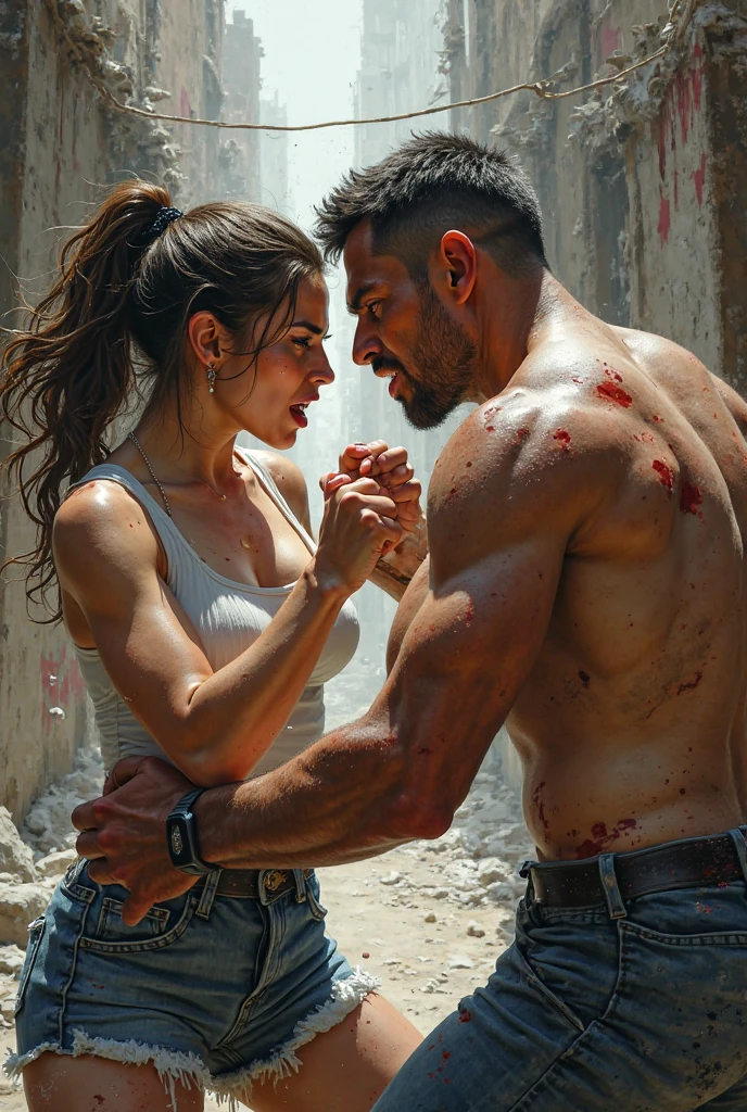 a man carrying a fainting woman in a crowded city scene