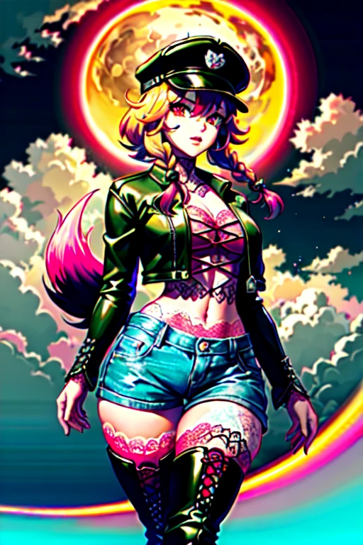 Ariana Grande from tenguen toppa gurren laggan, cute. bikini top with flames print under leather jacket, black leather shorts,, gloves, sitting, looking at the viewer, background: grand canyon, beautiful sunset