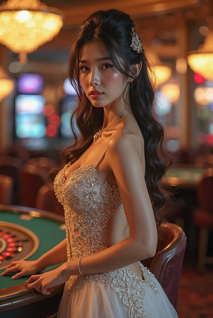 1girl dressed in a 1950s-inspired dress, complete with a full skirt and petticoat, her hair styled in classic pin curls. She should be seated at an old-fashioned diner, surrounded by vintage details like a jukebox, chrome accents, and neon signs. Her eyes should be sparkling with excitement, her skin flawless and glowing under the soft, dramatic lighting. This scene should be captured on 35mm film, with a beautiful depth of field and a slightly blurry, nostalgic background,, filmg,