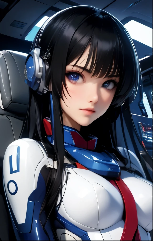 (((SFW、Highest quality、 first class masterpiece 、 normal body 、32k、 detailed face 、super precise、 normal hand、5refer to、Highest)))、Tsuzaki Aoba、aoba-tsuzaki、『JINKI』、Beautiful Girl、black hair、long hair、beautiful breasts、slender、 slim、Petite、 can be used、blue purple tight bodysuit、robot cockpit