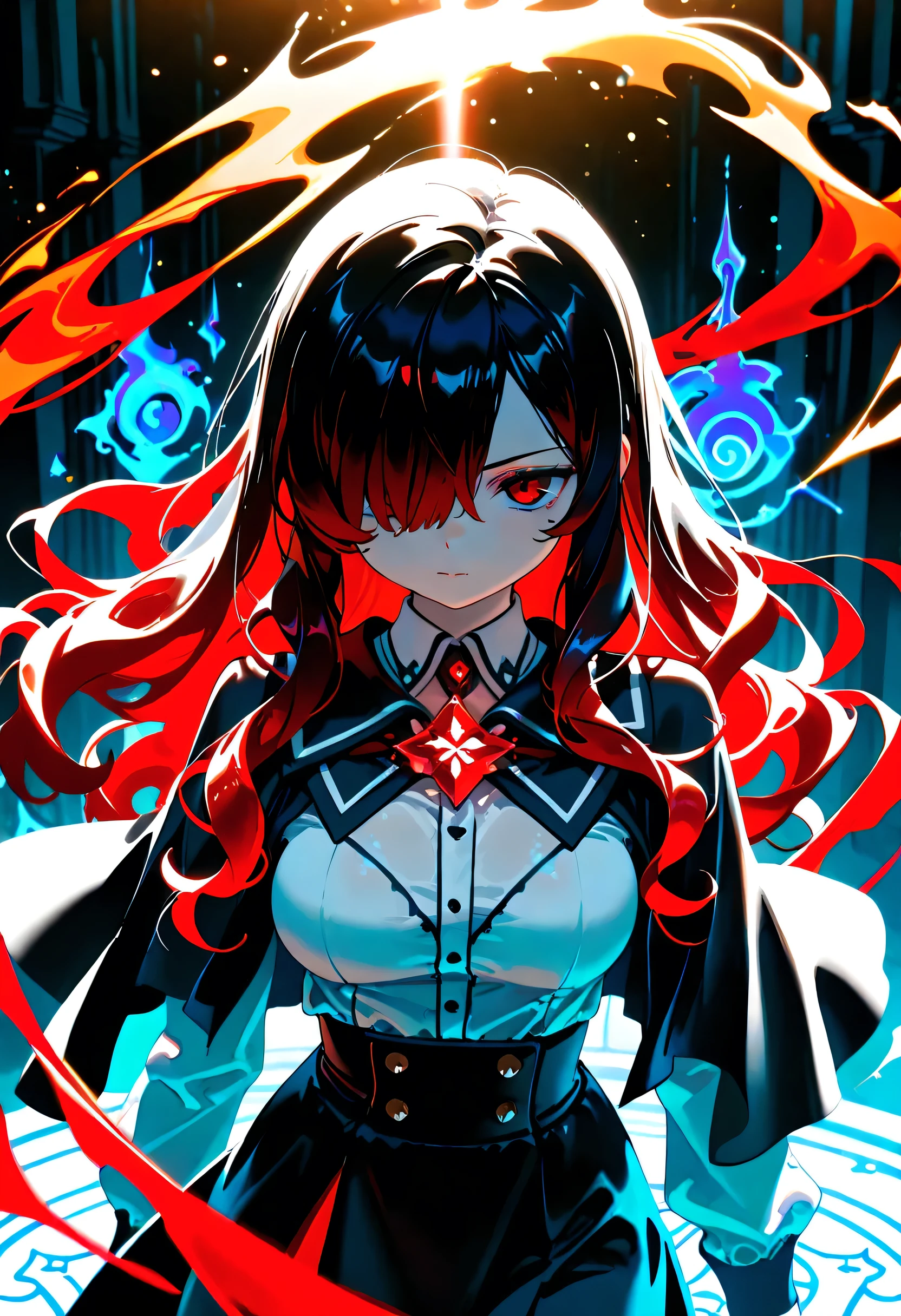 1girl, Kuroki Monika, red eyes, gradient hair, black hair, red hair, long hair, asymmetrical hairline, hair over right eye, medium breasts,  black skirt, white shirt,black wizard sacarf,magic card,blue magic effect,fancy golden palace
cinematic angle, detailed shadows, detailed body,  (masterpiece, best quality), amazing quality, very aesthetic, absurdres, highres, newest, HDR, 8K, cinematic lighting, vibrant colors, (ciloranko:0.5), (rei \(sanbonzakura\):0.7), 