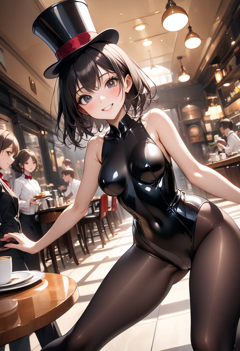 (Official art、Best Quality、Unity 8k Wallpapers、32K、masterpiece、ultra-detailliert、超A high resolution、realisitic、Photorealsitic:1.2)、(Cinematic lighting:1.2)、Fireglow effect、film grains、Best Shadows、Rim lighting、side lights、(Ultra-detailed and complex 3D rendering)、Detailed beautiful face and eyes、A slender、Medium bust、(Full body:1.2)、 Highly detailed background、(super detailed skin、detailed skin textures:1.3)、(a bar counter、shop front:1.4)、Nemona, brown eyes, black hair, ponytail, brown skin, Black hair ponytail with green mesh in the bangs, freckles, shinny skin、beauitful face、Playboy Bunny Girl、High-cut leotards、a bow tie、Cuffs、Wearing fishnet stockings、Black rabbit ears、With a rabbit tail in the ass,,、Have a tray of liquor、Smiling smile、Angle from below、