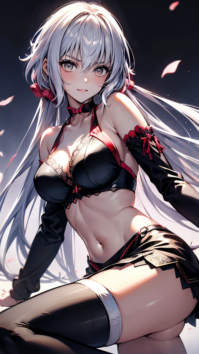 Silver hair, pink eyes, body, cat ears, sexy girl, earrings, heart background fantasy, red uniform, hair bow