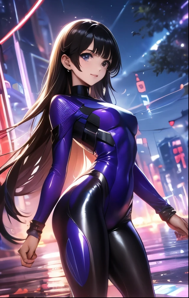 （（（ＳＦＷ、Highest quality、 first class masterpiece 、 normal body 、32k、  detailed face 、super precise、  normal hand、５refer to、Highest）））、Tsuzaki Aoba、aoba-tsuzaki、『JINKI』、Beautiful Girl、black hair、long hair、beautiful breasts、slender、 slim、Petite、 can be used、blue-purple high-leg tight bodysuit