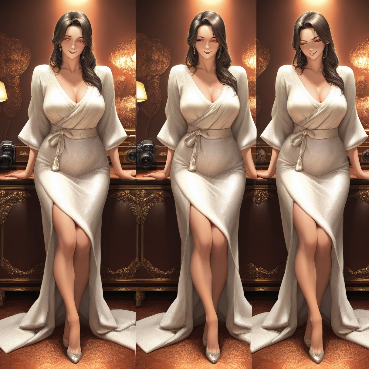 ((masterpiece,best quality)),((character design sheet)),((full body view)),((huge breast)),((curvy body)),2girls, mature womans curse priestess, blue cloak, head bowing, curse aura, skindention, light cloth, dinamic pose, watercolour, red skin, demoness , whispering sins, simple background, ((curvy body)).