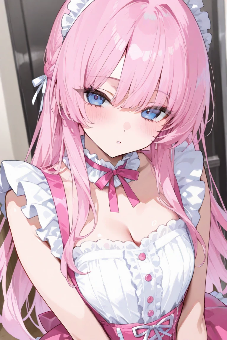 1 woman、爆乳、cleavage of the breast、slightly pink hair、Eyes like pink jewels、Maid outfit with lots of frills、pink crystal brooch、Pink lip、kindly smile、Lace Ribbon